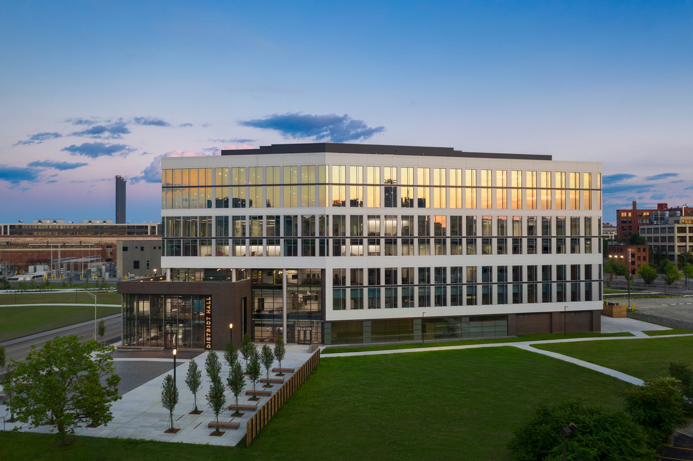 North elevation of Point225 at the Providence Innovation and Design District at dusk