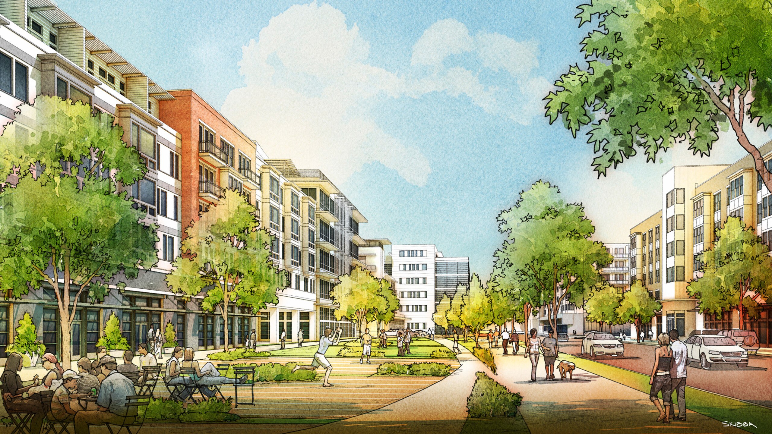 Rendering of a civic square for Browning Investments, Purdue Research Foundation, and Purdue University’s...