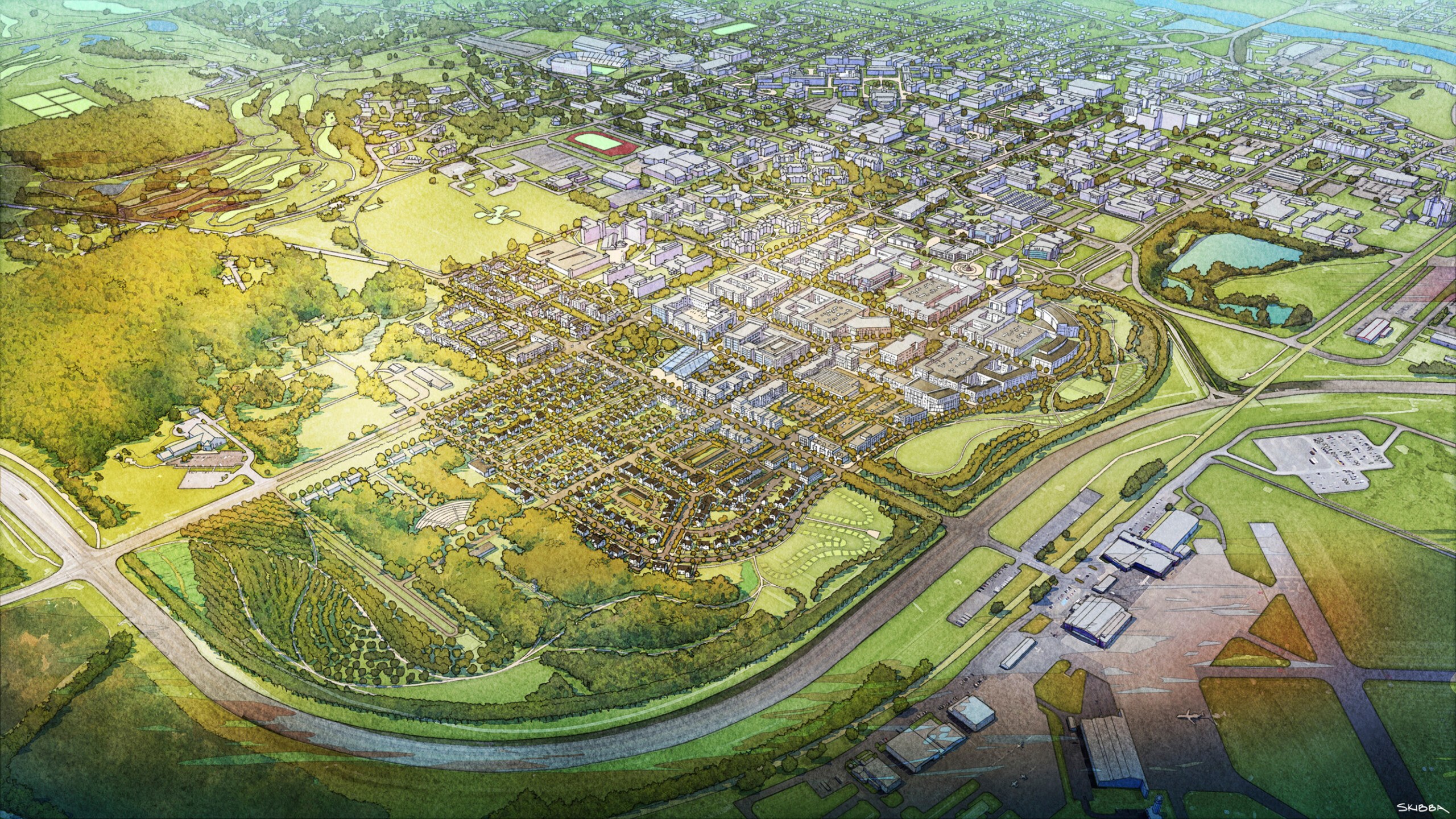 Rendering of a master plan for Browning Investments, Purdue Research Foundation, and Purdue University’s...