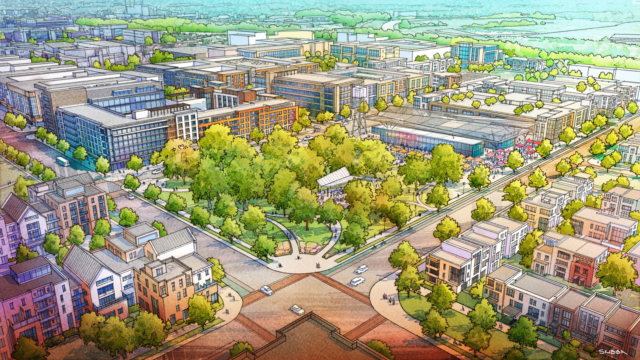 Rendering of an urban park for Browning Investments, Purdue Research Foundation, and Purdue University’s...