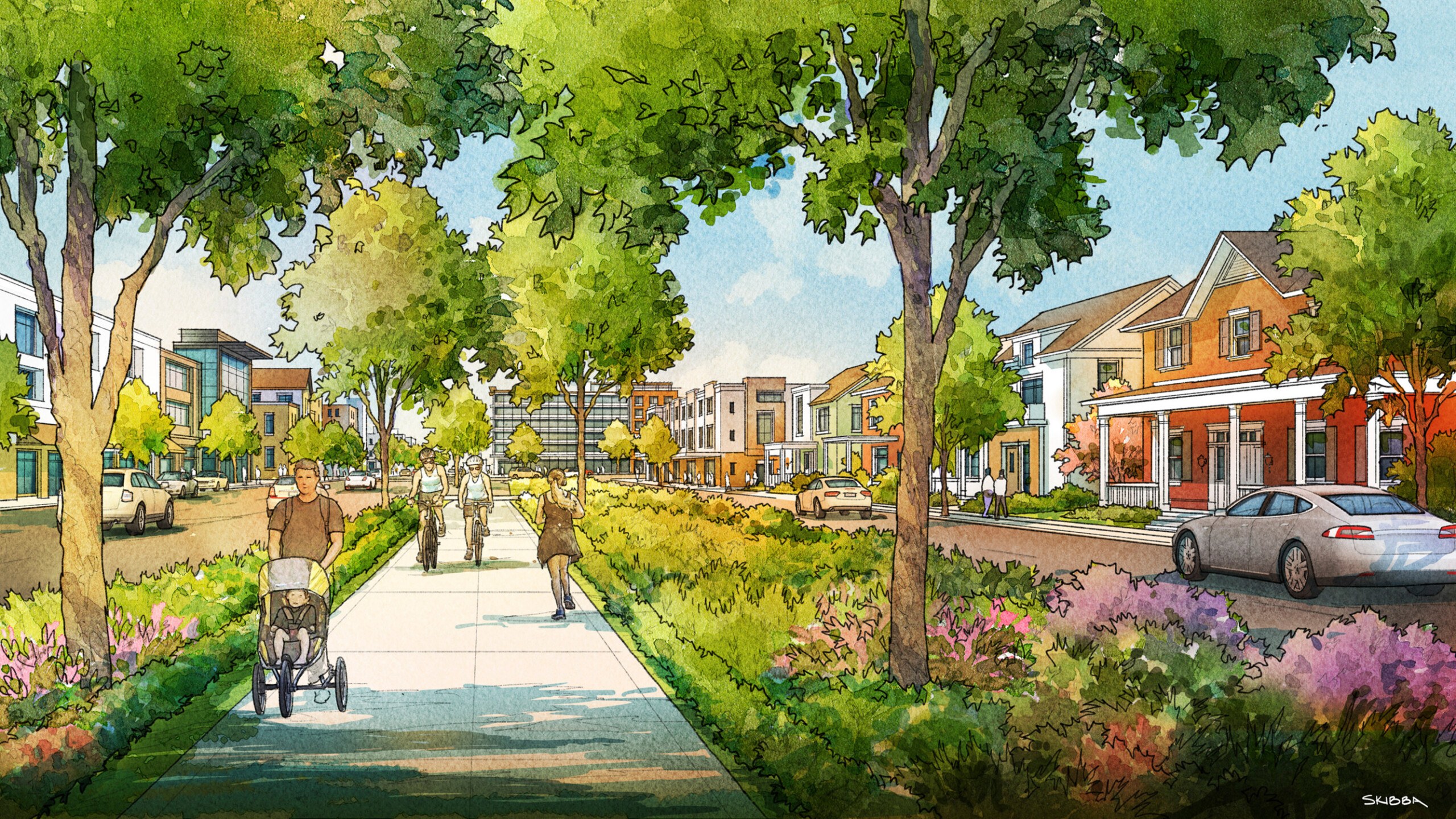Rendering of a low-density connector street for Browning Investments, Purdue Research Foundation,...