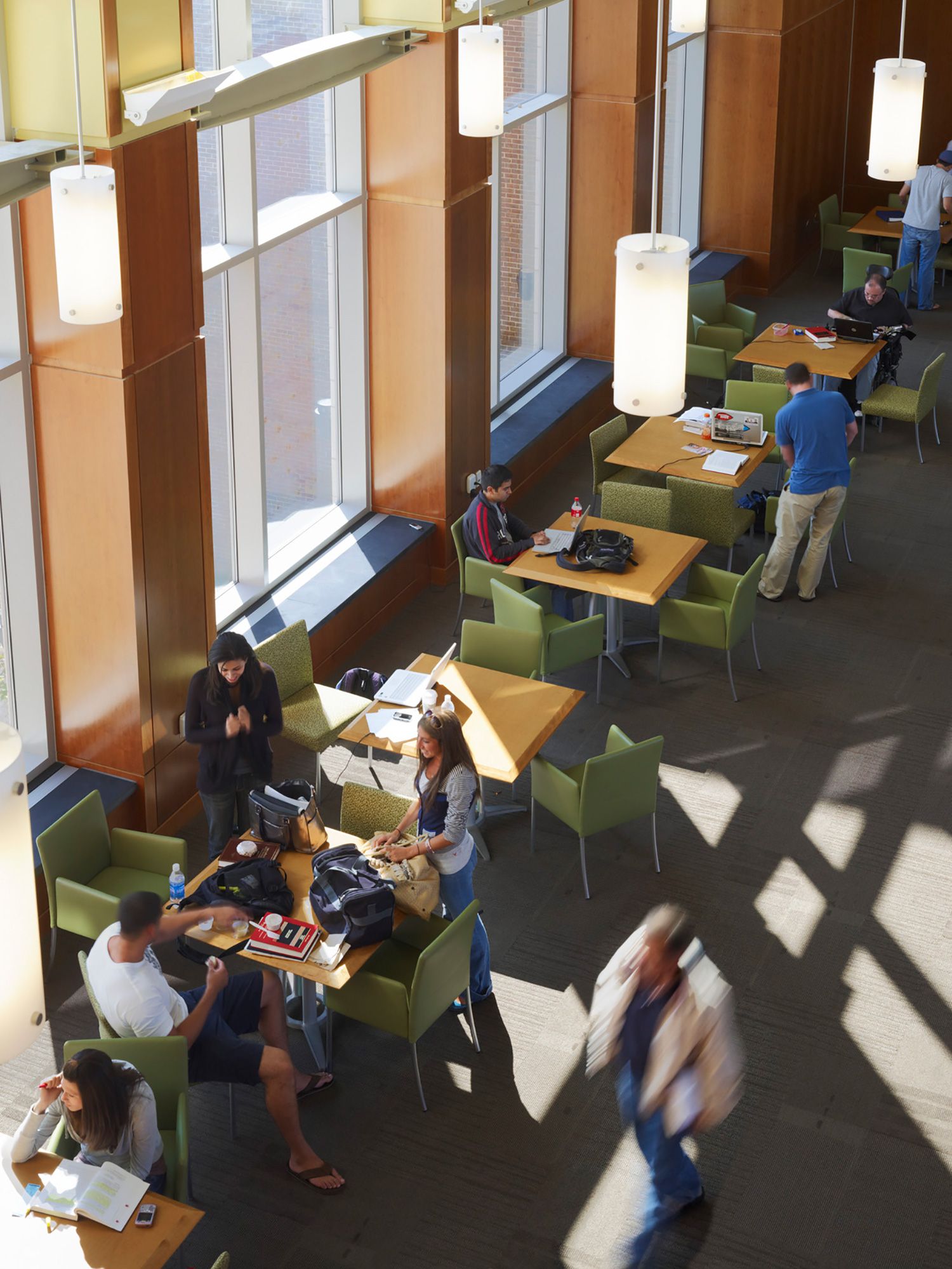 Photo from above showing students gathered in a common area at Rutgers University School of Law
