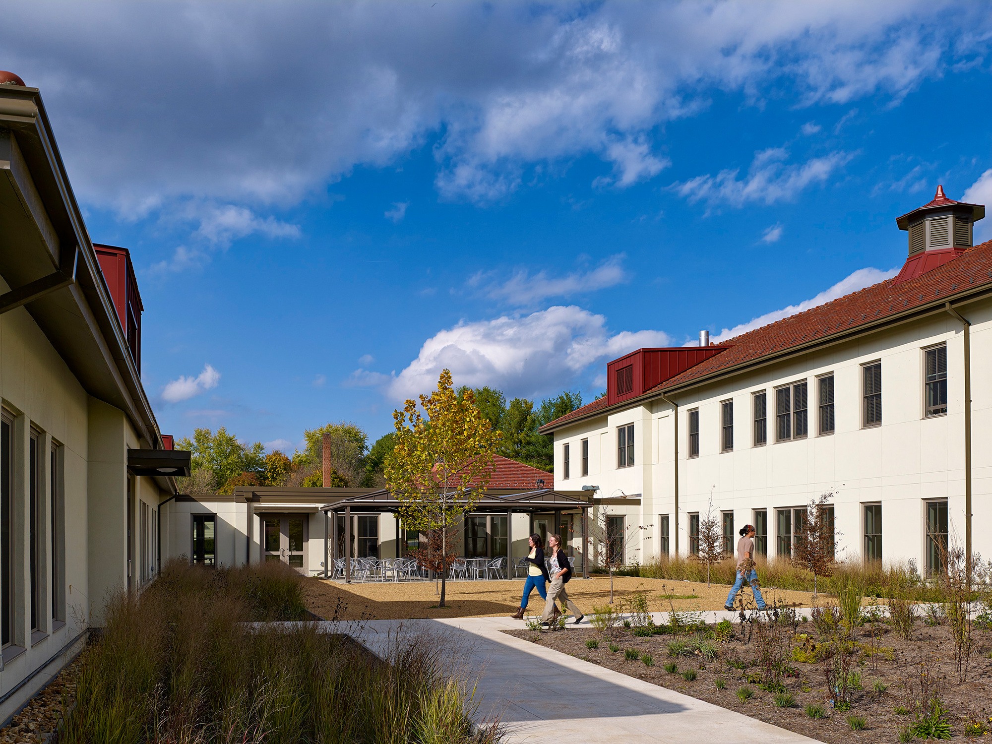 Landscaped courtyard connects two building wings for the Education and Training Center at the Smithsonian...