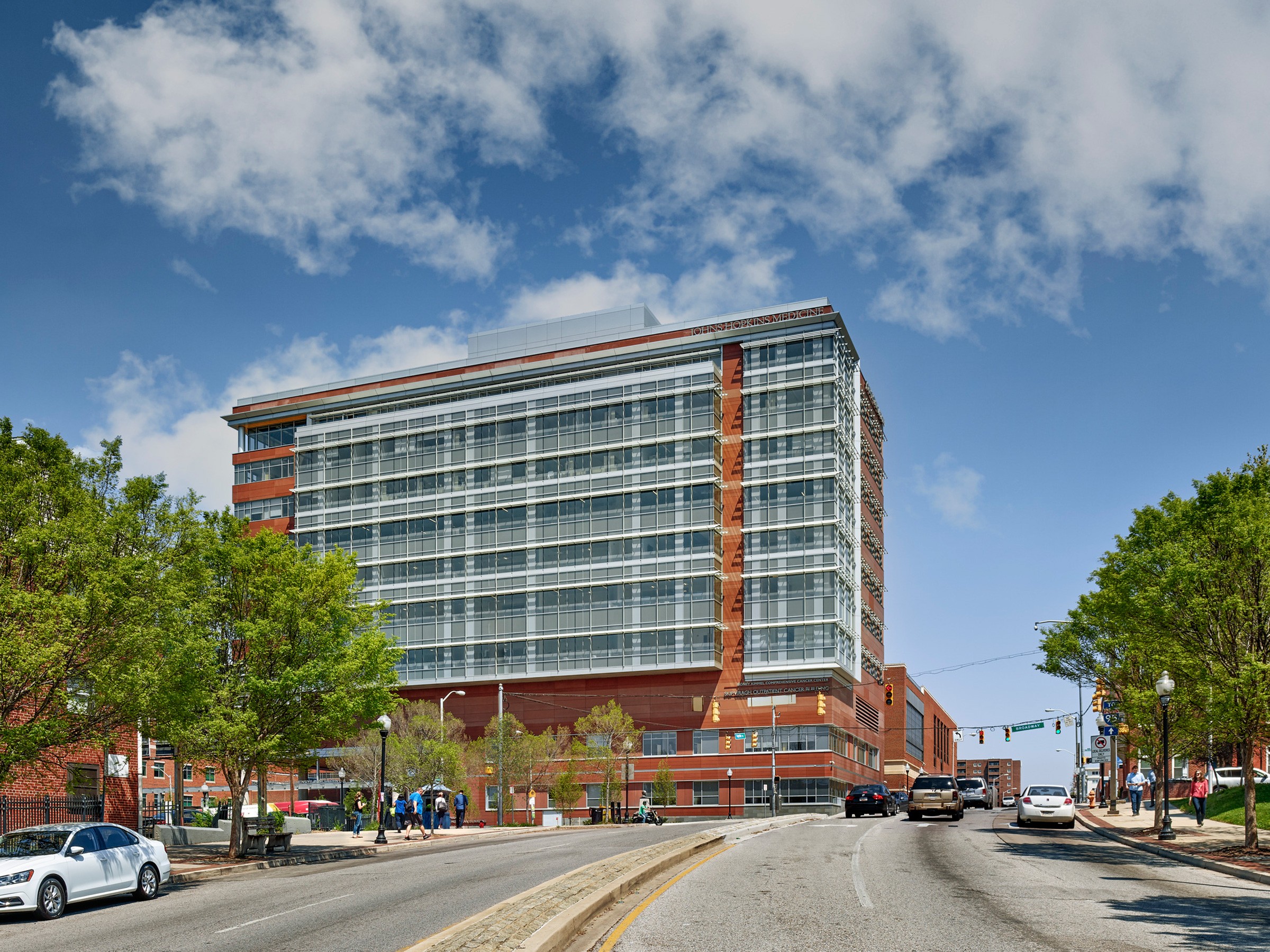 Daytime exterior image of Skip Viragh Outpatient Cancer Building, the new gateway to Johns Hopkins...