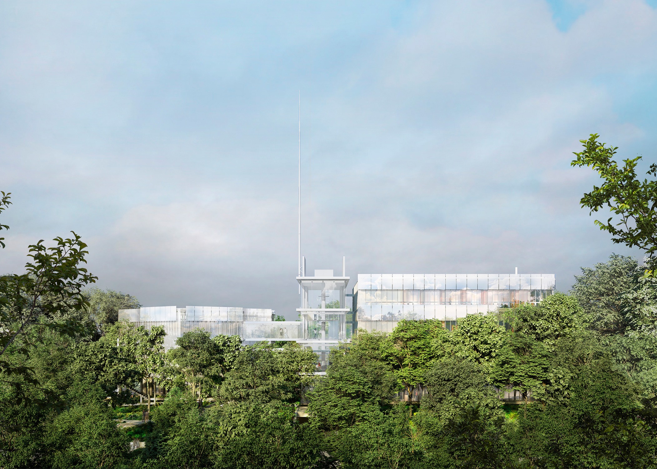 Exterior rendering with landscape in the foreground of the Stavros Niarchos Foundation Agora Institute...