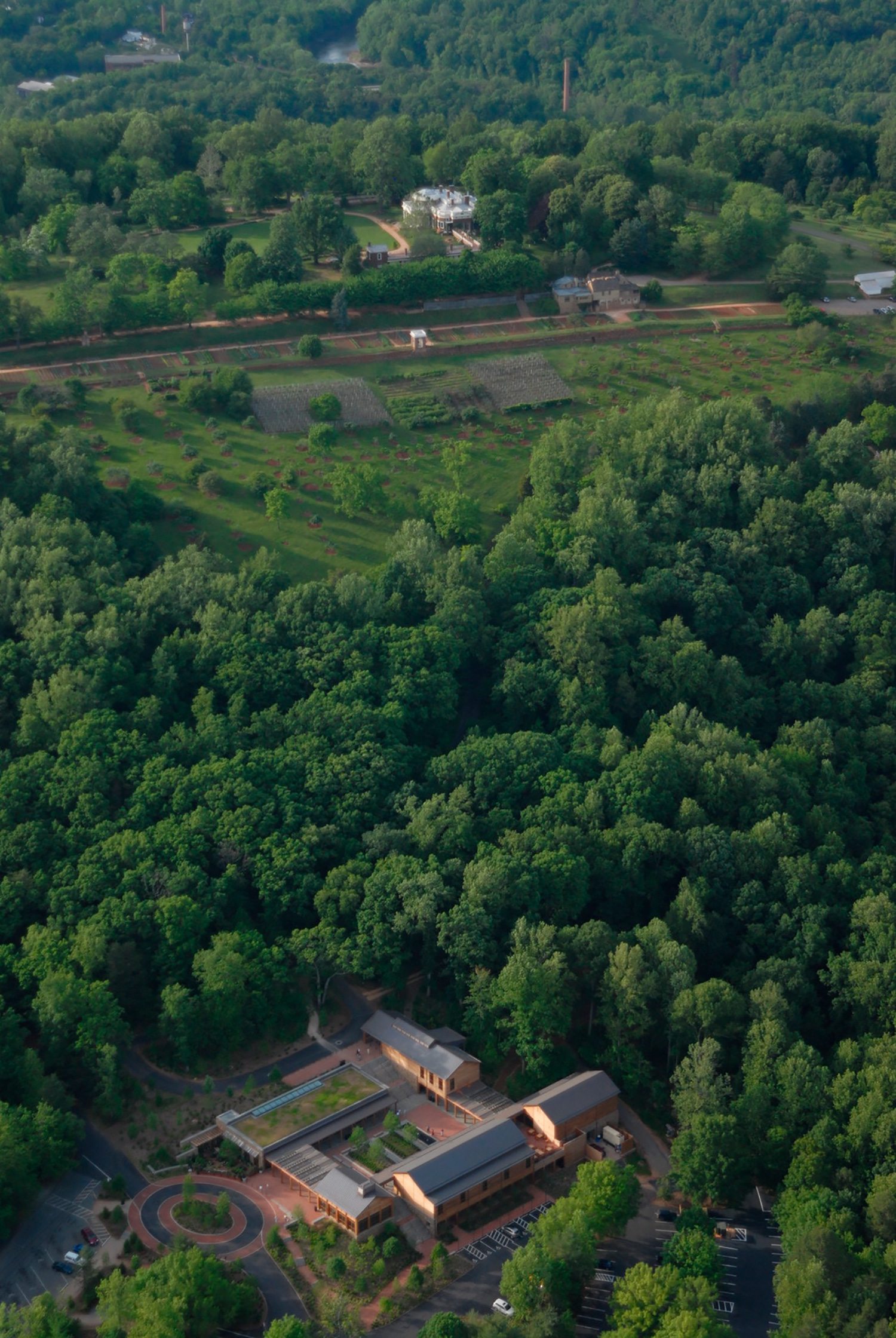 Visitor center aerial showing pavilion adjacency and uses at Thomas Jefferson’s Monticello Visitor...