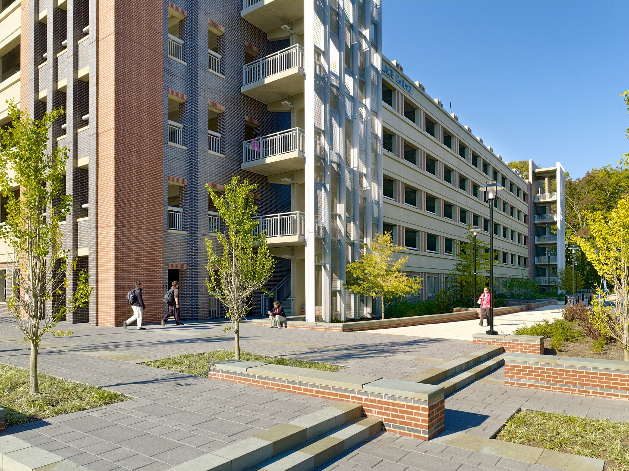 Tiered plaza in front of garage