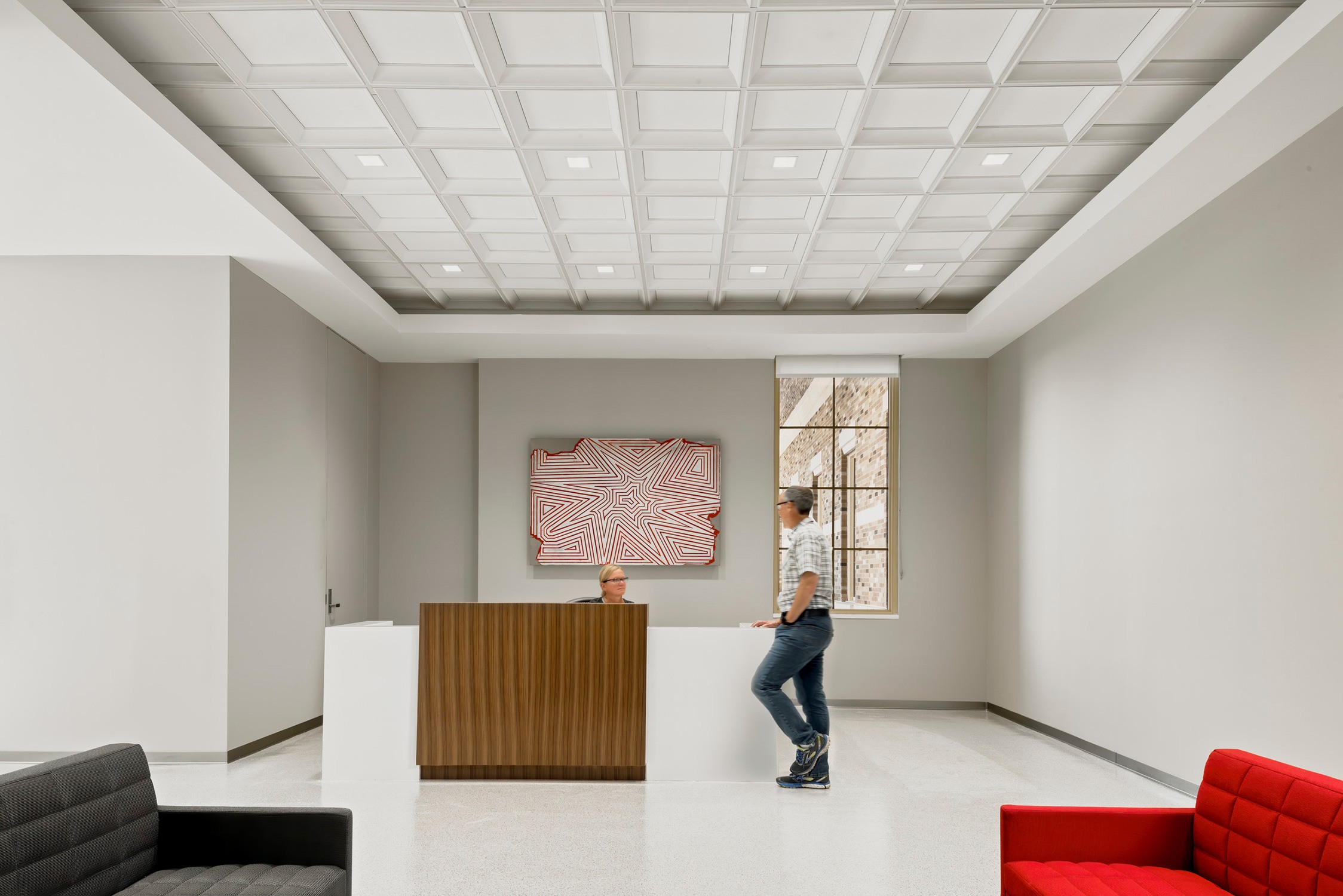 Crisp, clean lobby interiors at the Experiential Sciences Building at Texas Tech University