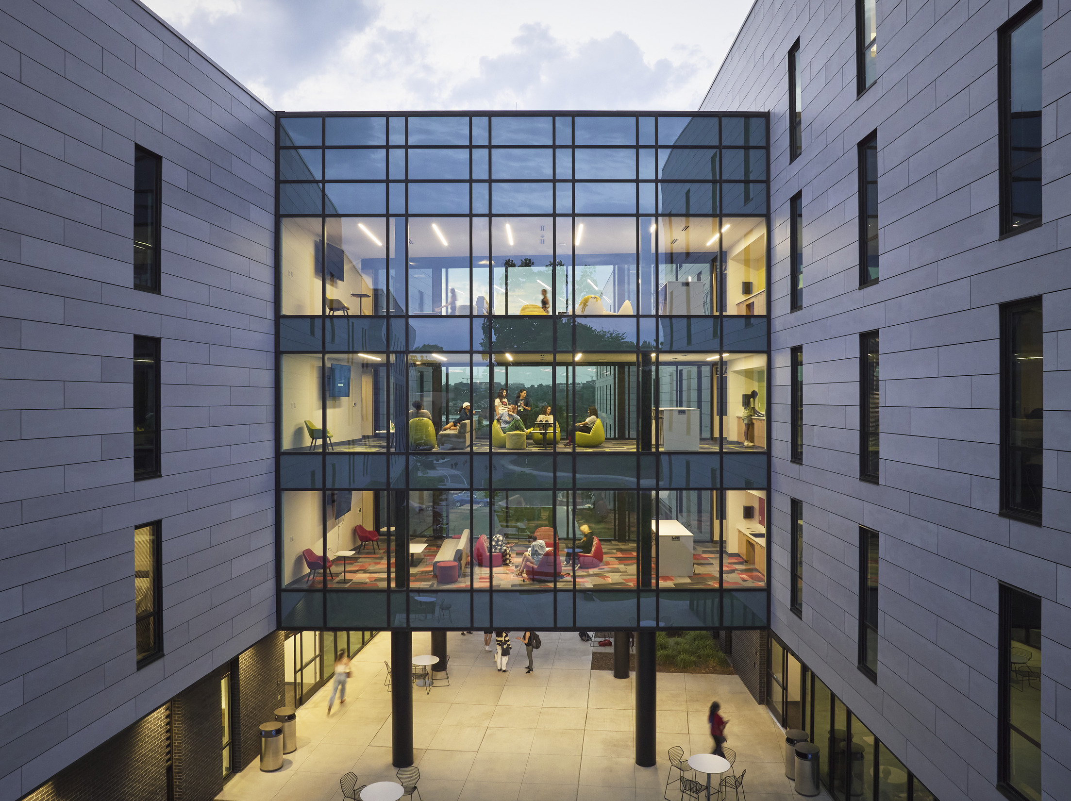 An interior walkway at the UNC School of the Arts Artist Village residence hall