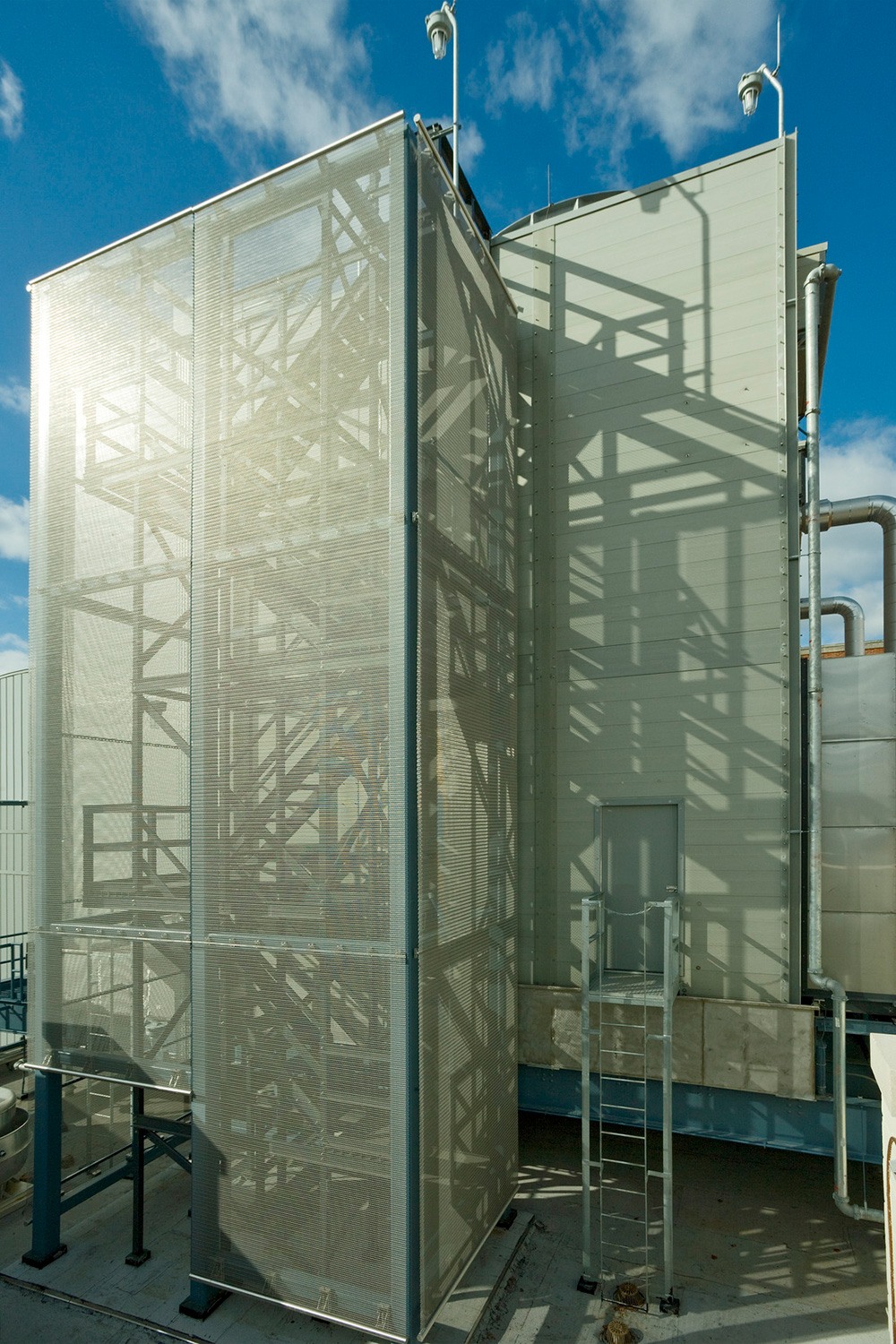 An exterior view of the cooling tower stair at the UVA Chiller Plant