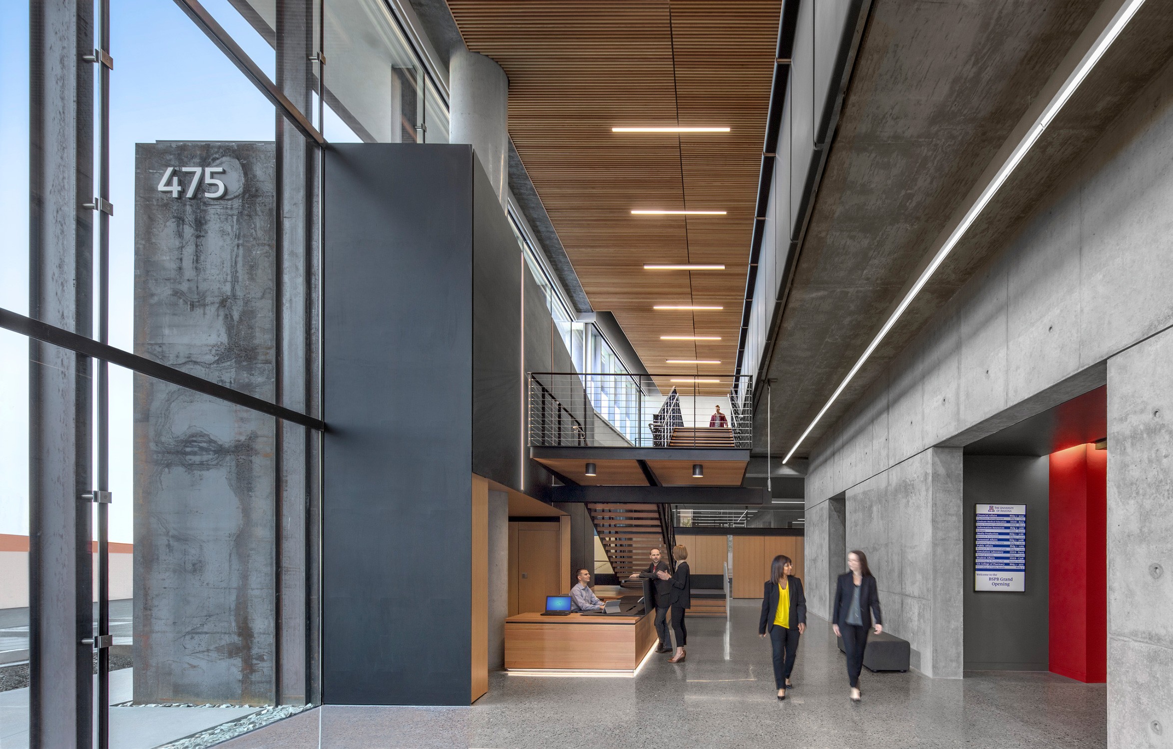 Interior double-height lobby space at the University of Arizona Biomedical Sciences Partnership...