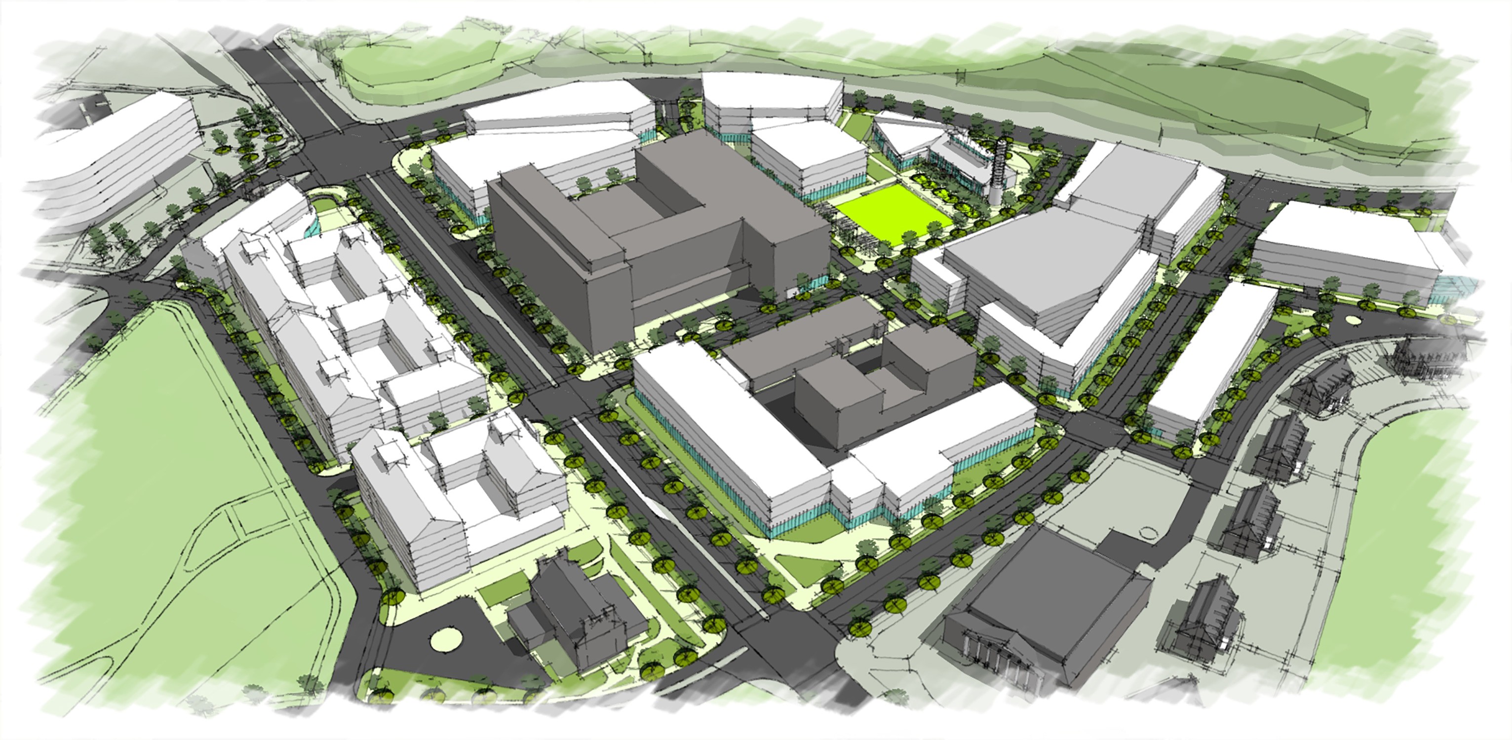Proposed aerial master plan looking north for the University of Maryland Innovation District Master...