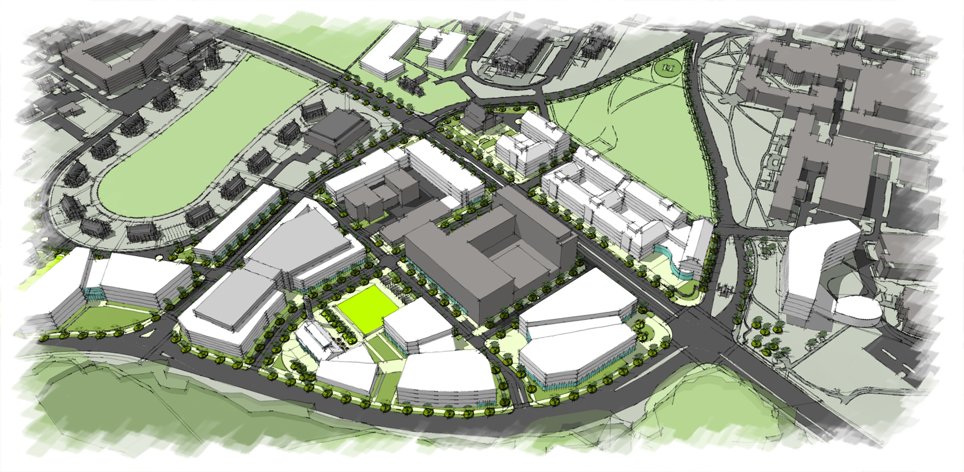 Proposed aerial master plan looking south for the University of Maryland Innovation District Master...