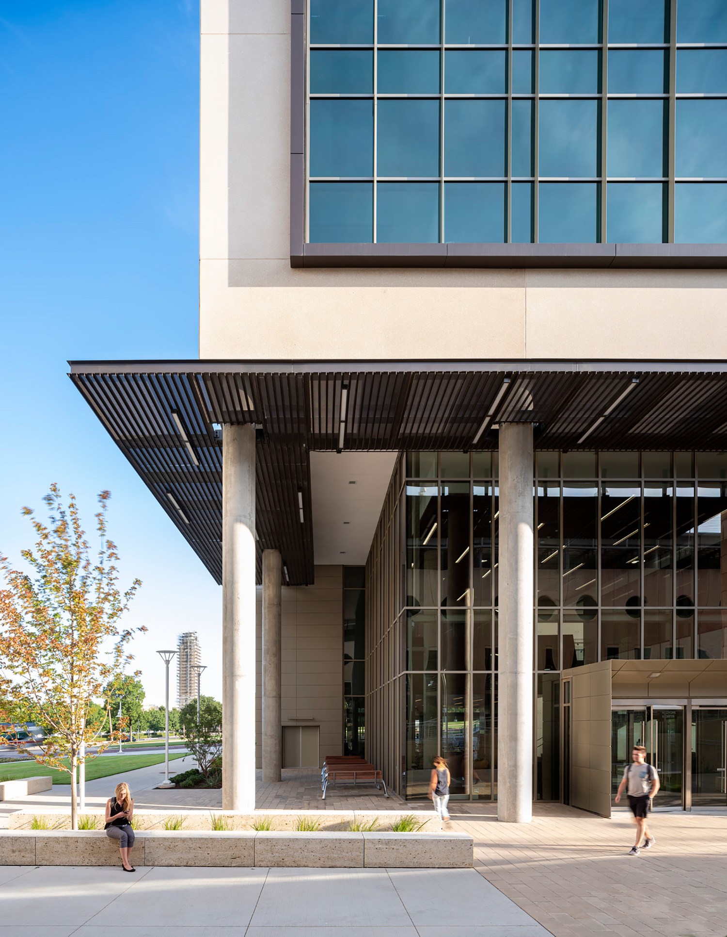 Exterior detail shot of the entrance at the University of North Texas Interdisciplinary Research...