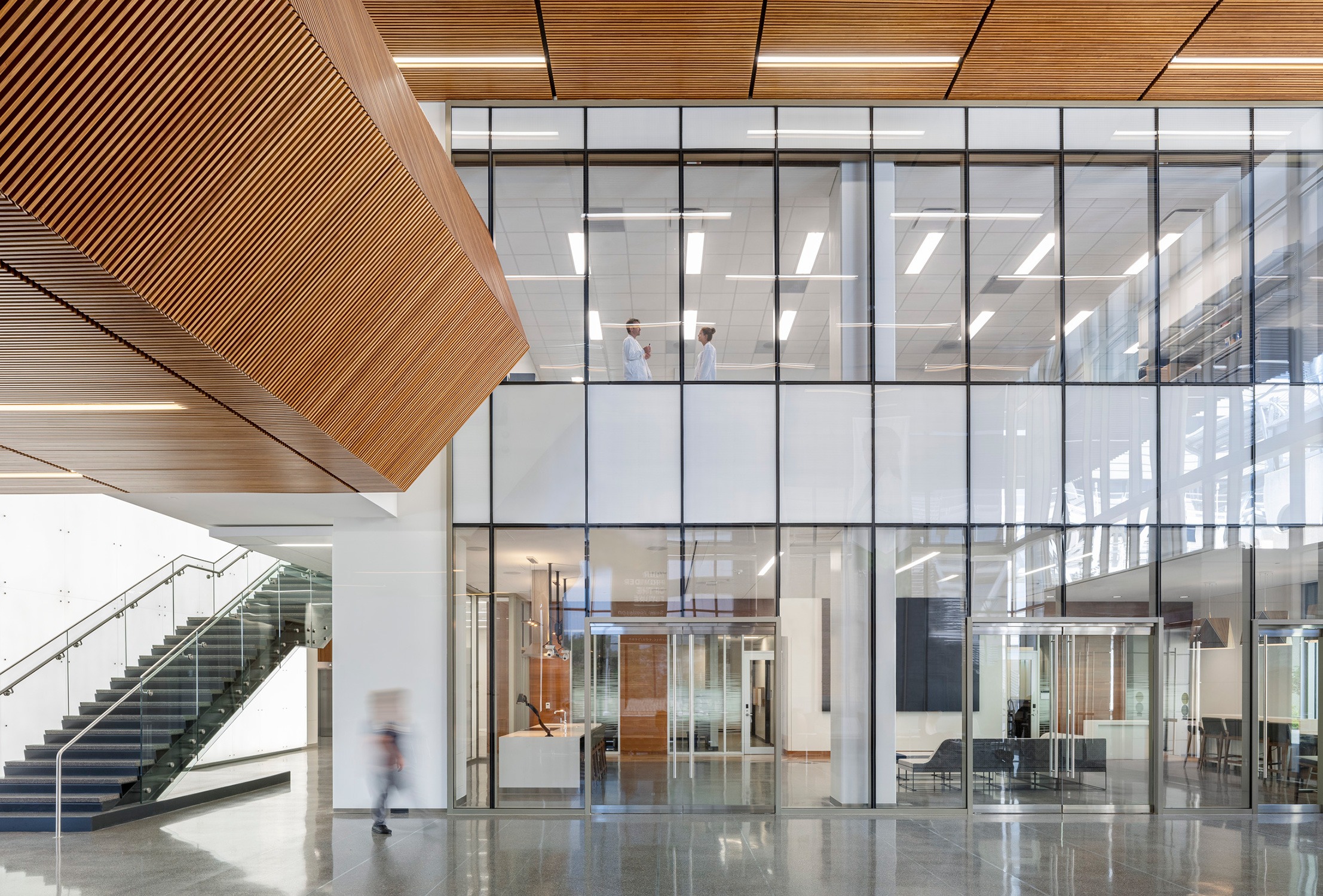 Interior lobby with views into the labs and collaboration spaces at the University of North Texas...