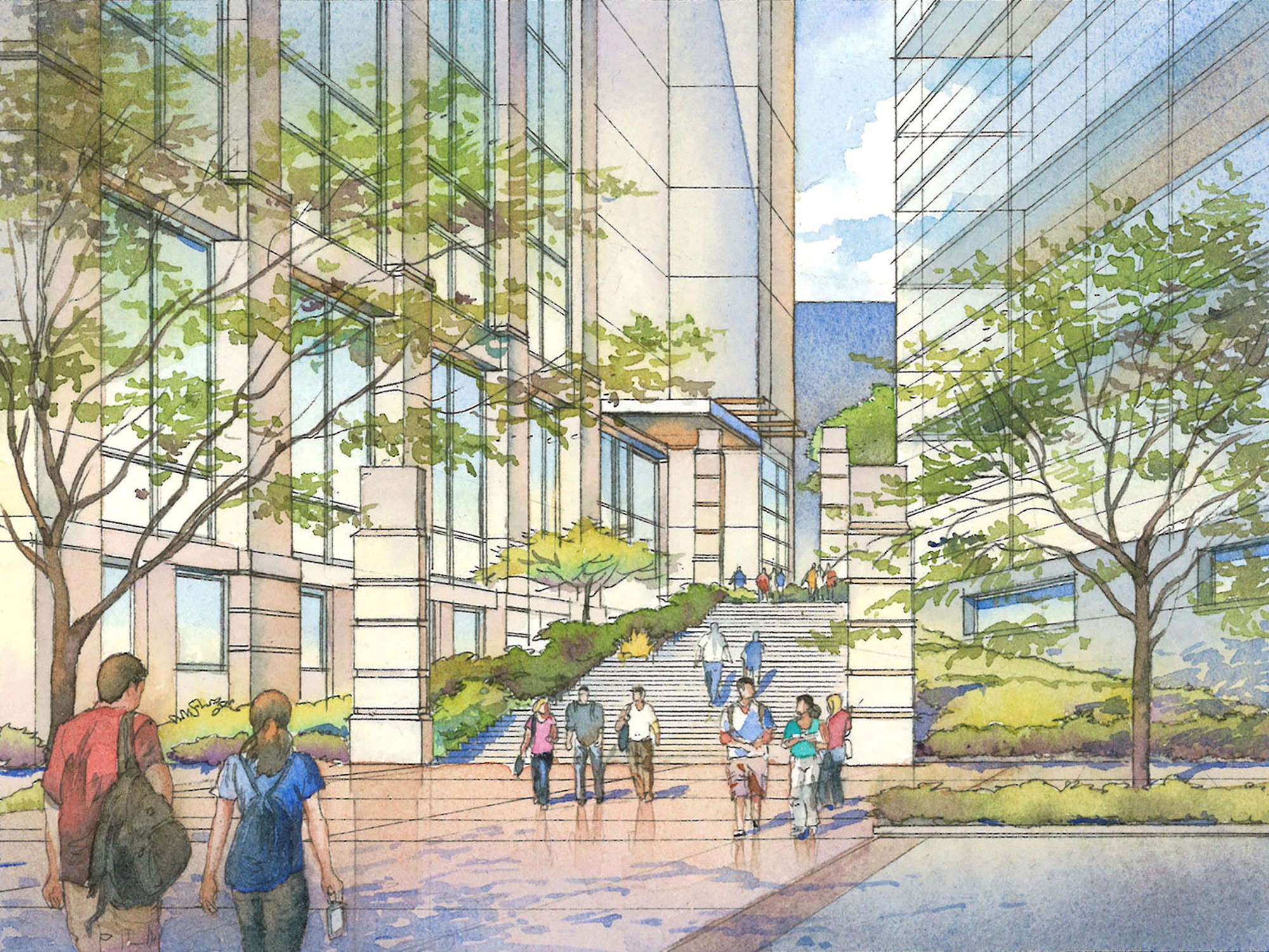 Rendering of a new health sciences education building and pedestrian connection for University...