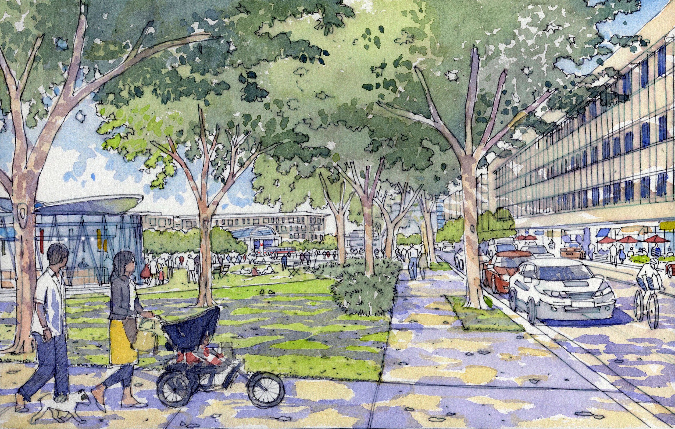 Rendering of an urban park for the Cortex Innovation Community master plan for Washington University...