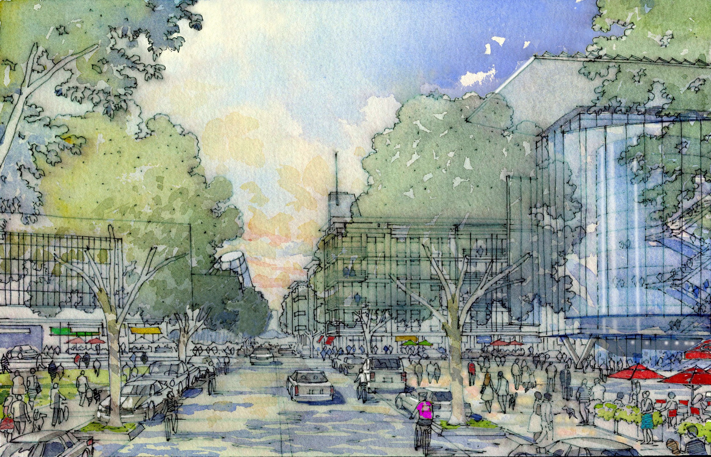 Rendering of an urban streetscape for the Cortex Innovation Community master plan for Washington...