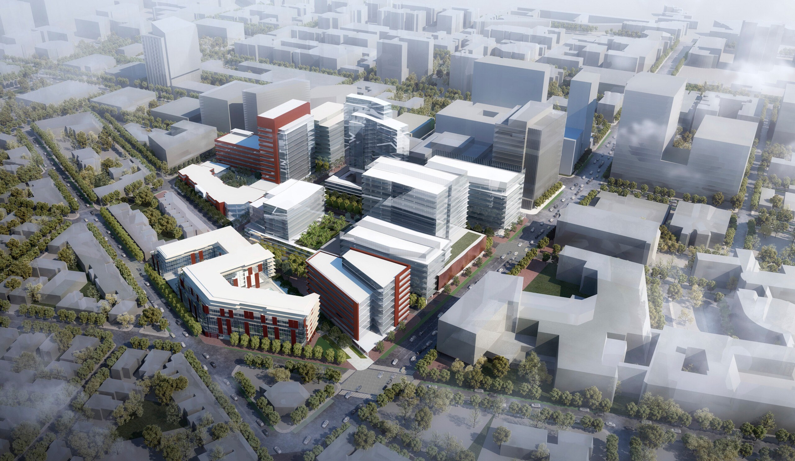 Aerial daytime rendering of University City master plan for Wexford Science and Technology