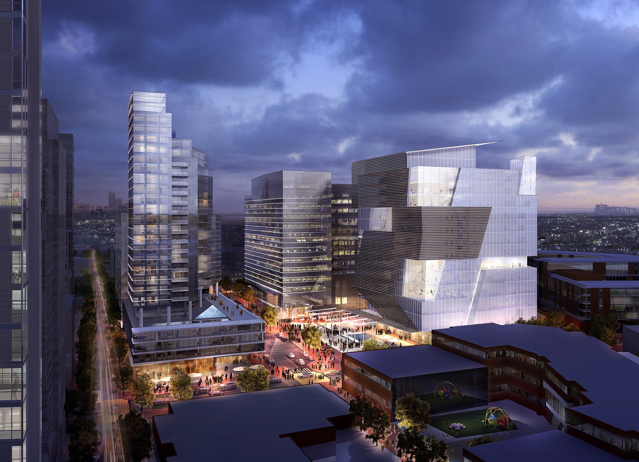 Dusk plaza rendering showing urban vibrancy and activity of University City master plan for Wexford...