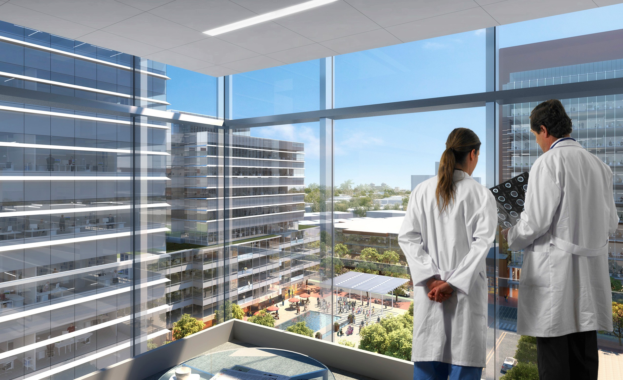 Rendering of doctors overlooking a new plaza for the University City master plan for Wexford Science...