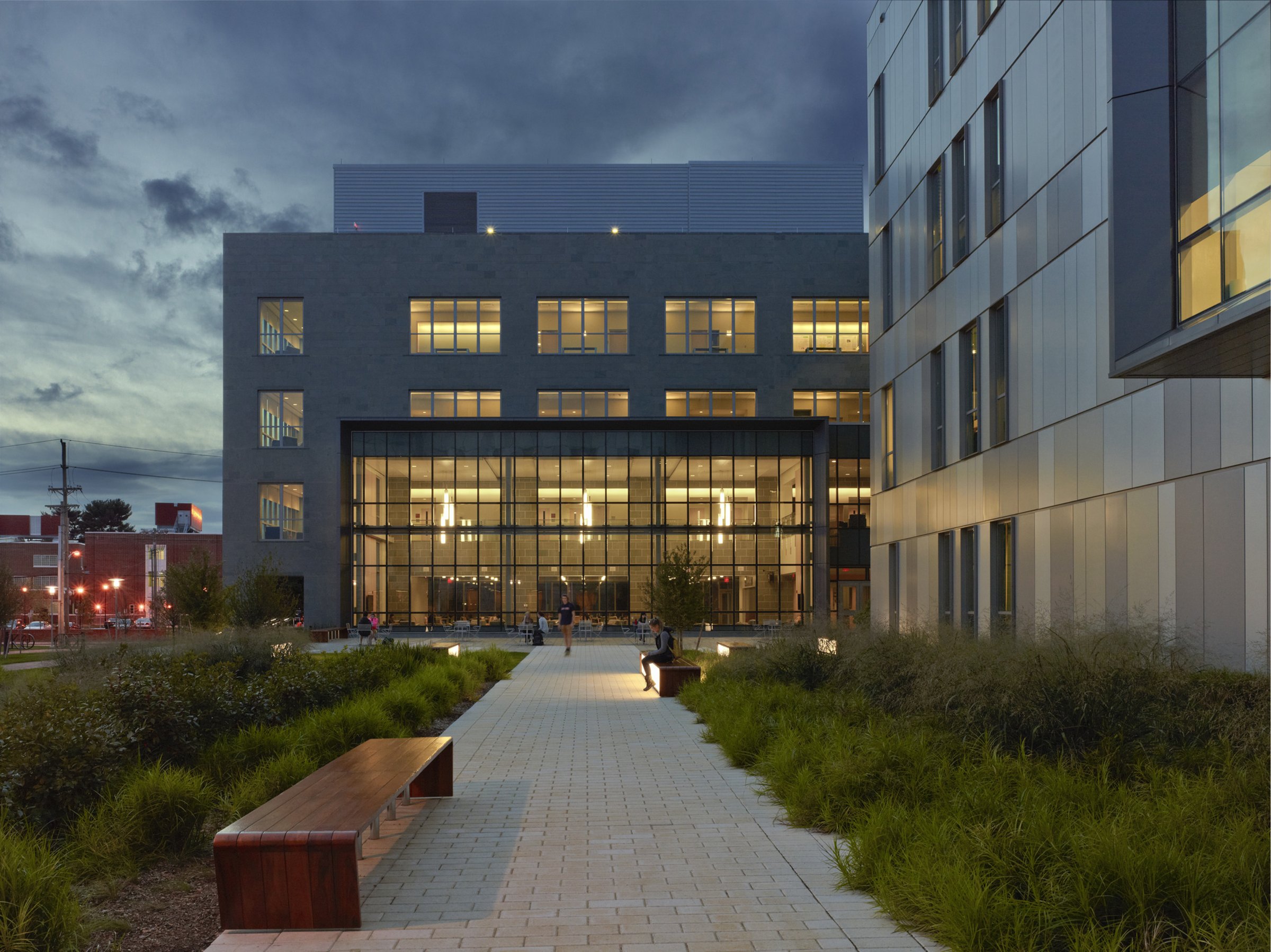 Exterior view at night of the University of Delaware Interdisciplinary Science & Engineering Laboratory
