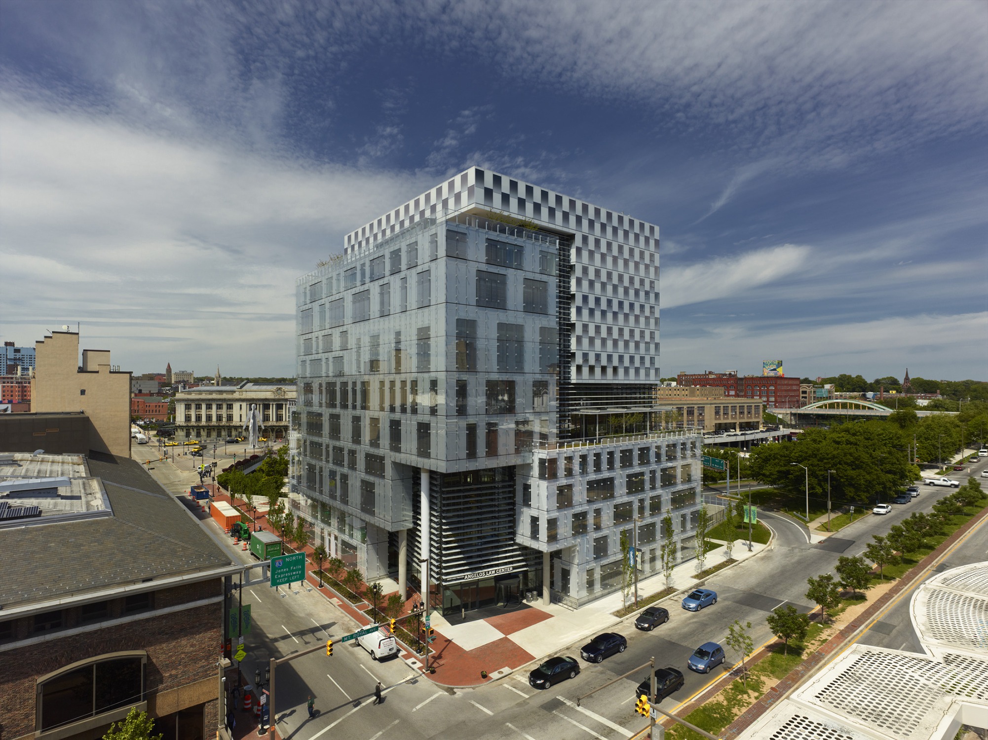 The John and Frances Angelos Law Center stands on a prominent urban site at University of Baltimore