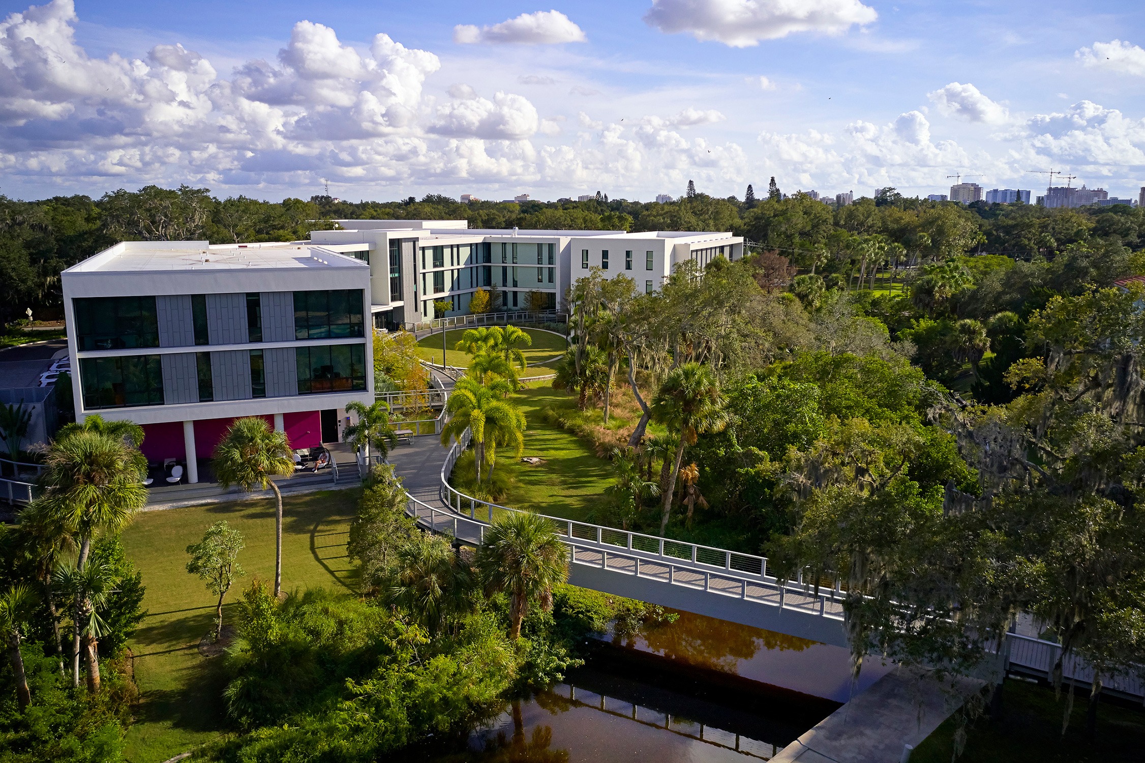 Aerial view of Bridge Hall and preserved trees at Ringling College of Art and Design