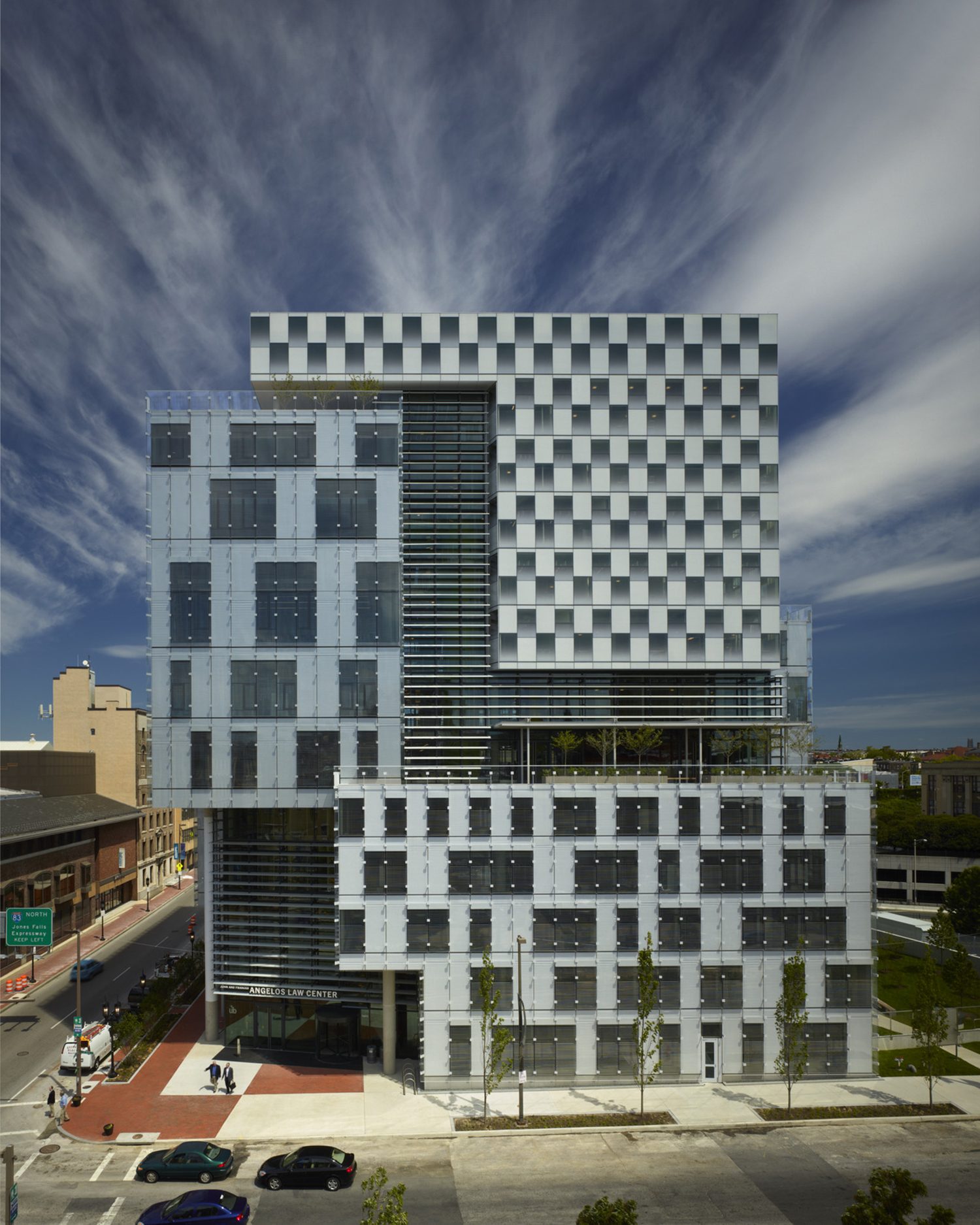 Exterior view of the John and Frances Angelos Law Center at University of Baltimore