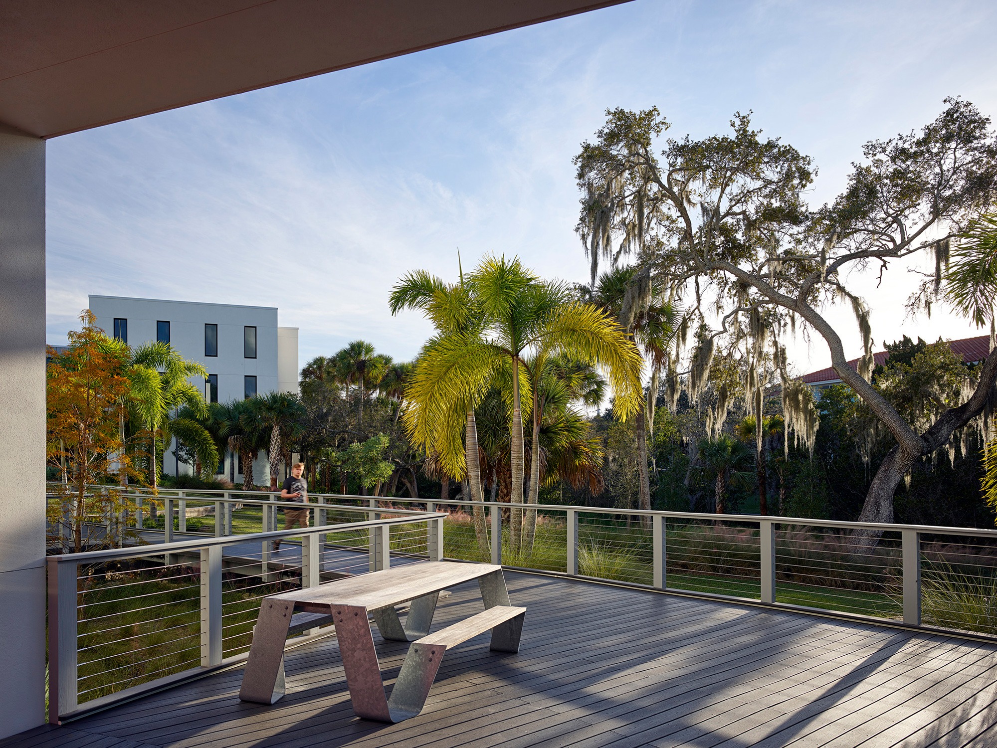 Patio overlooking subtropical landscape at Bridge Hall at Ringling College of Art and Design