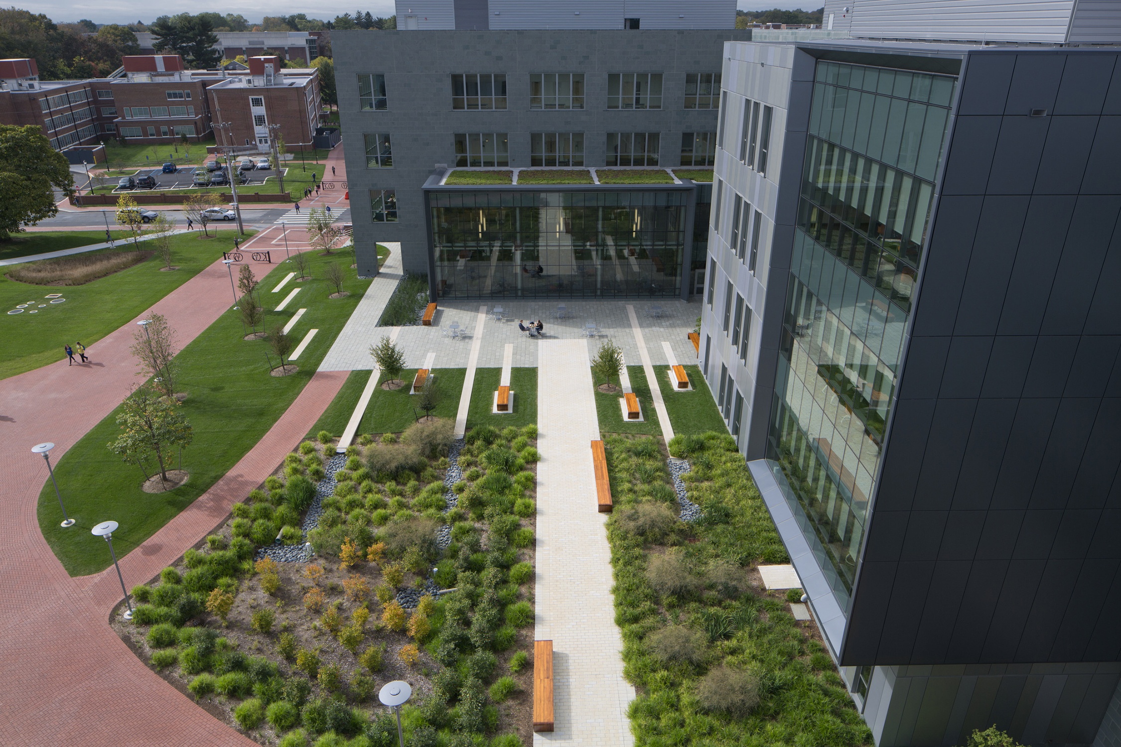 The courtyard with native plantings at the University of Delaware Interdisciplinary Science & Engineering...