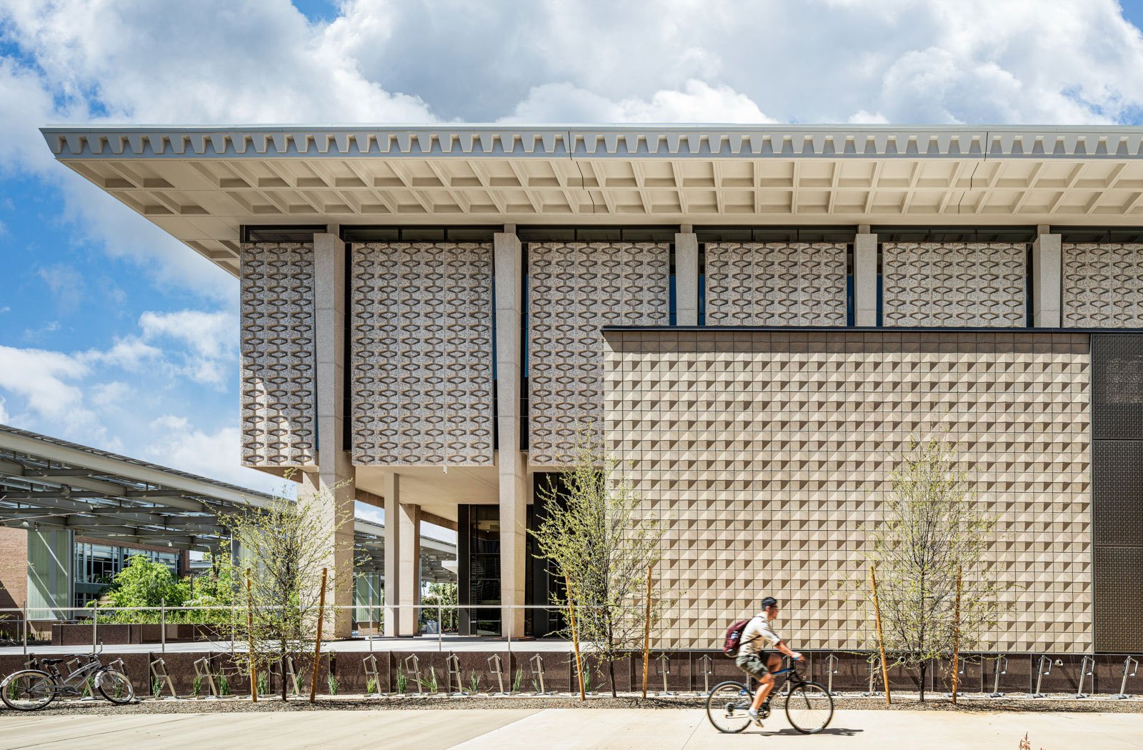 Exterior view of new plaza at the Arizona State University Hayden Library Reinvention with plantings...