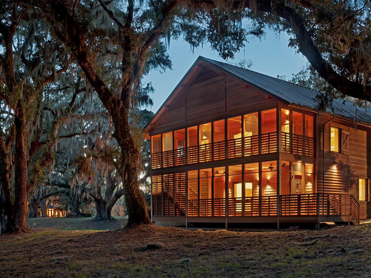 Dusk image of landscape and barn of Stono Preserve at College of Charleston