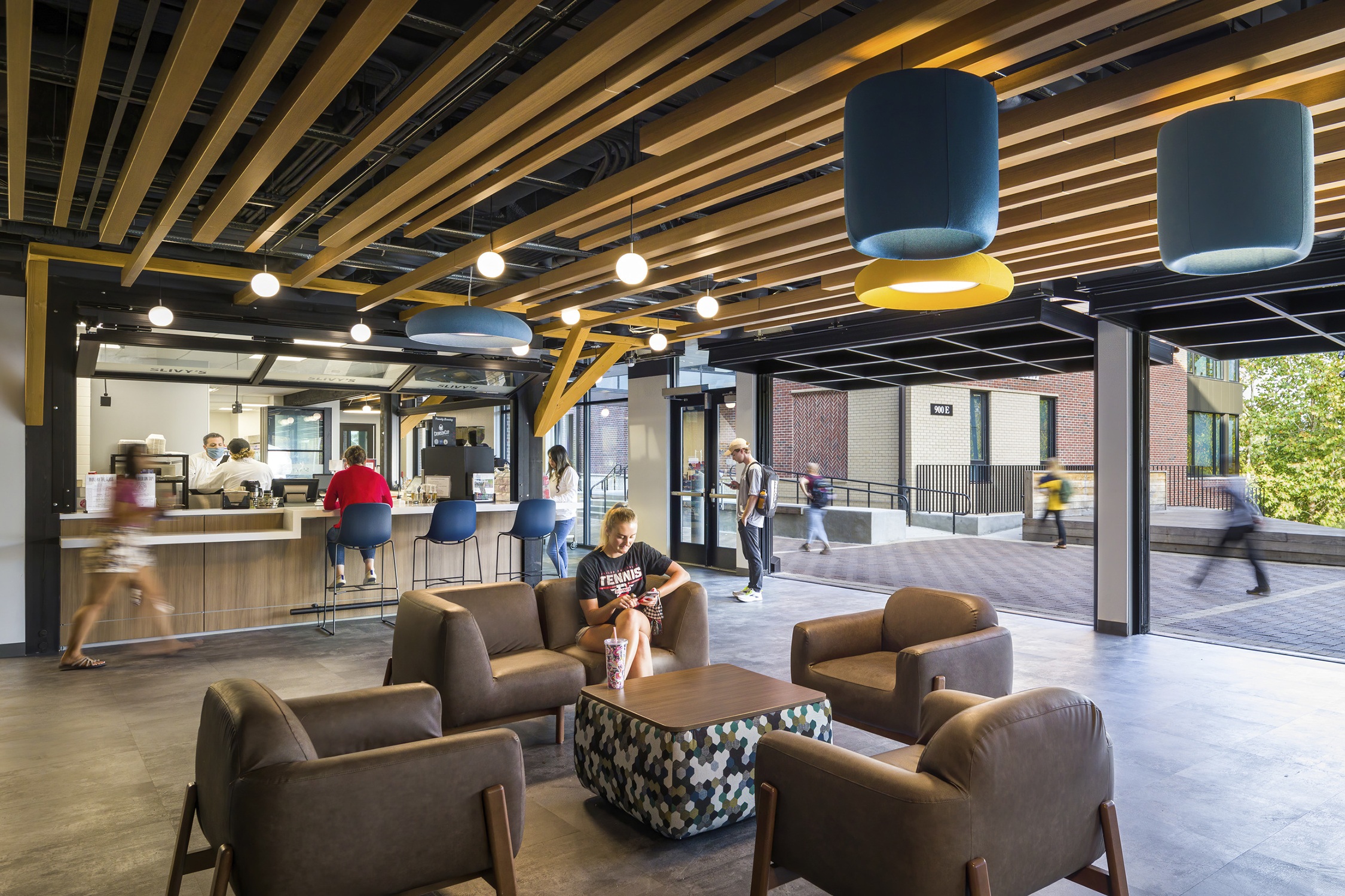 The café at Silverstein Hall at Denison University provides indoor/outdoor space that opens up...