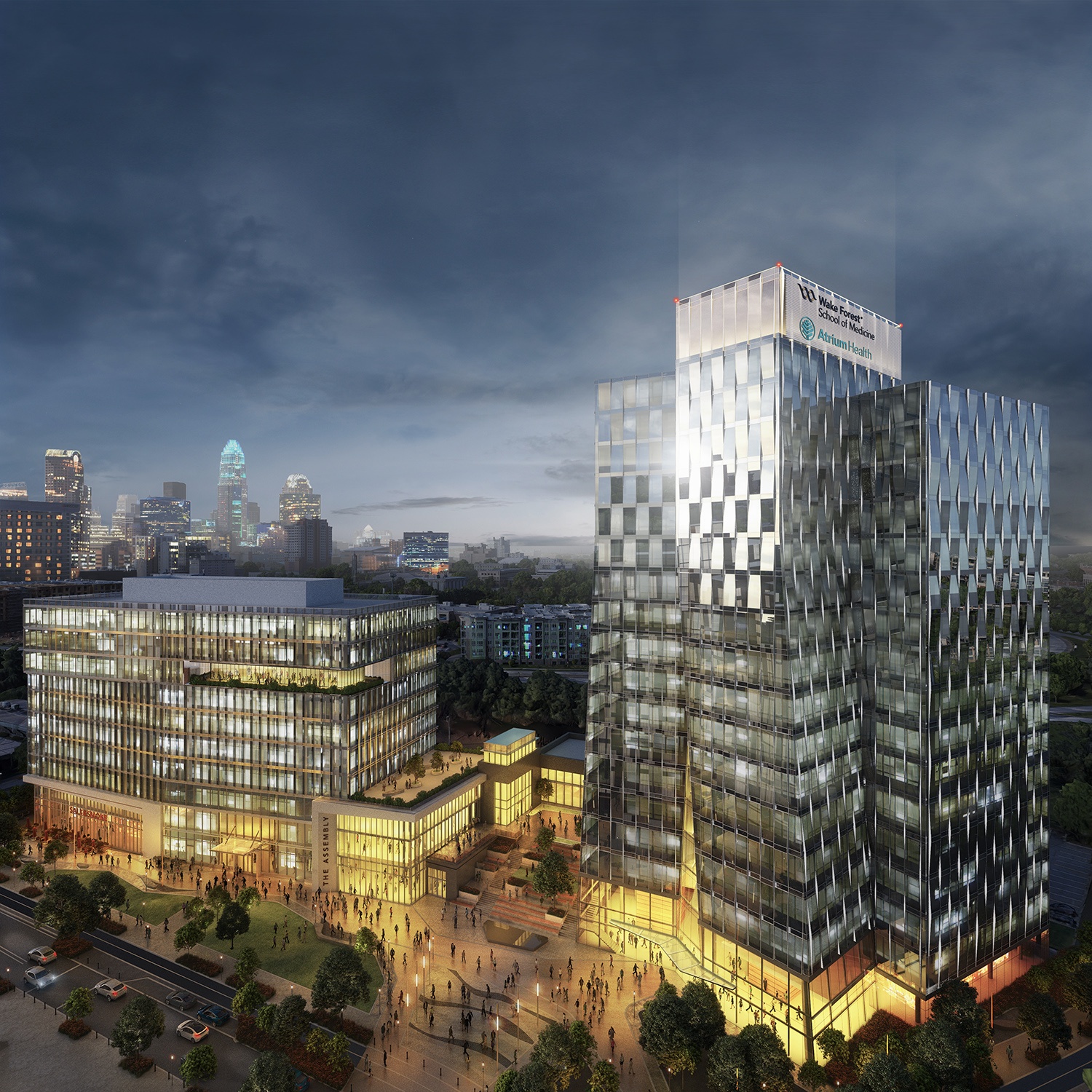 Rendering shows a nighttime view of the new Wake Forest School of Medicine, research building,...