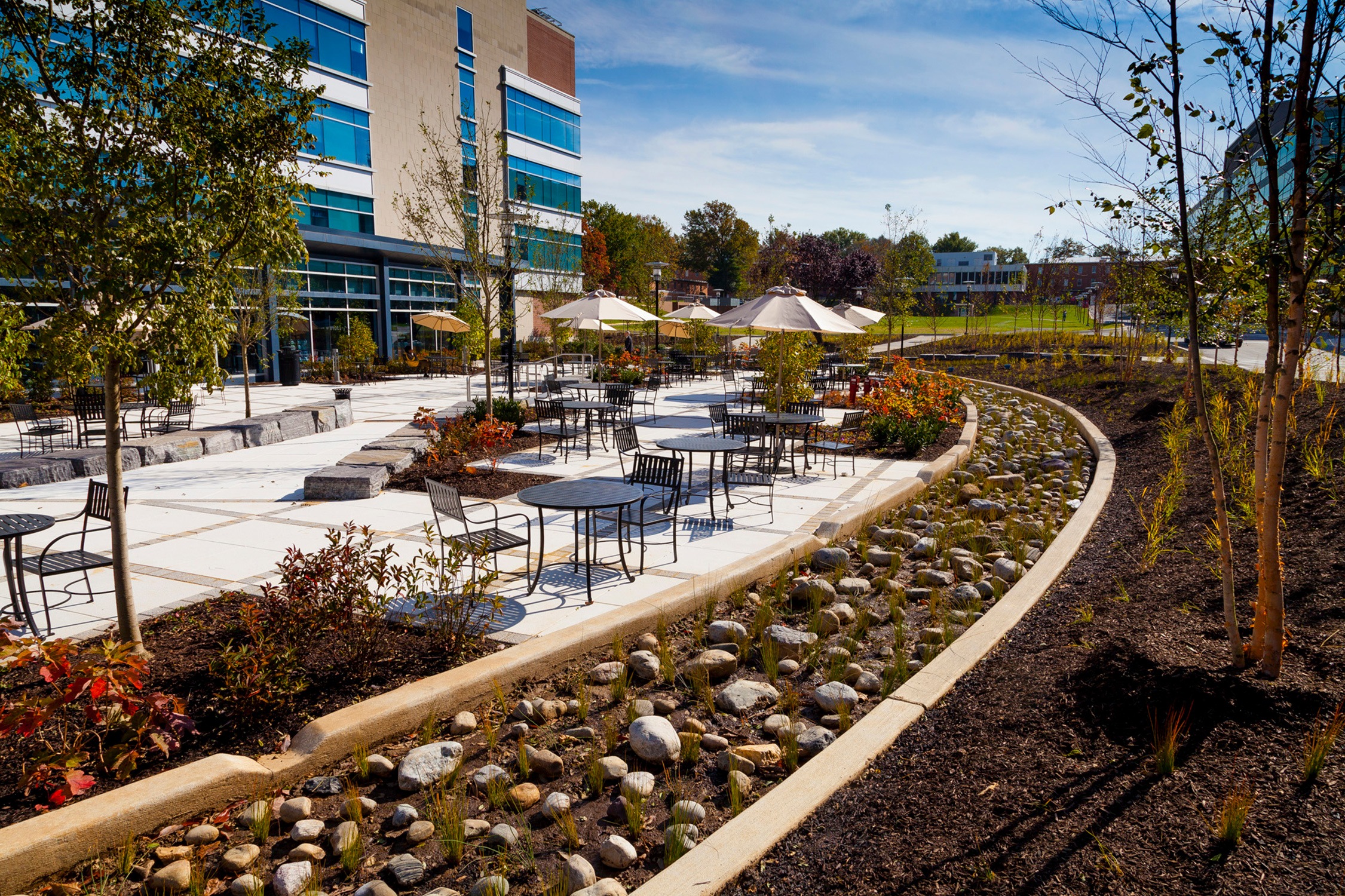 Ground level view of the new dining terrace with the surrounding stormwater management area in...