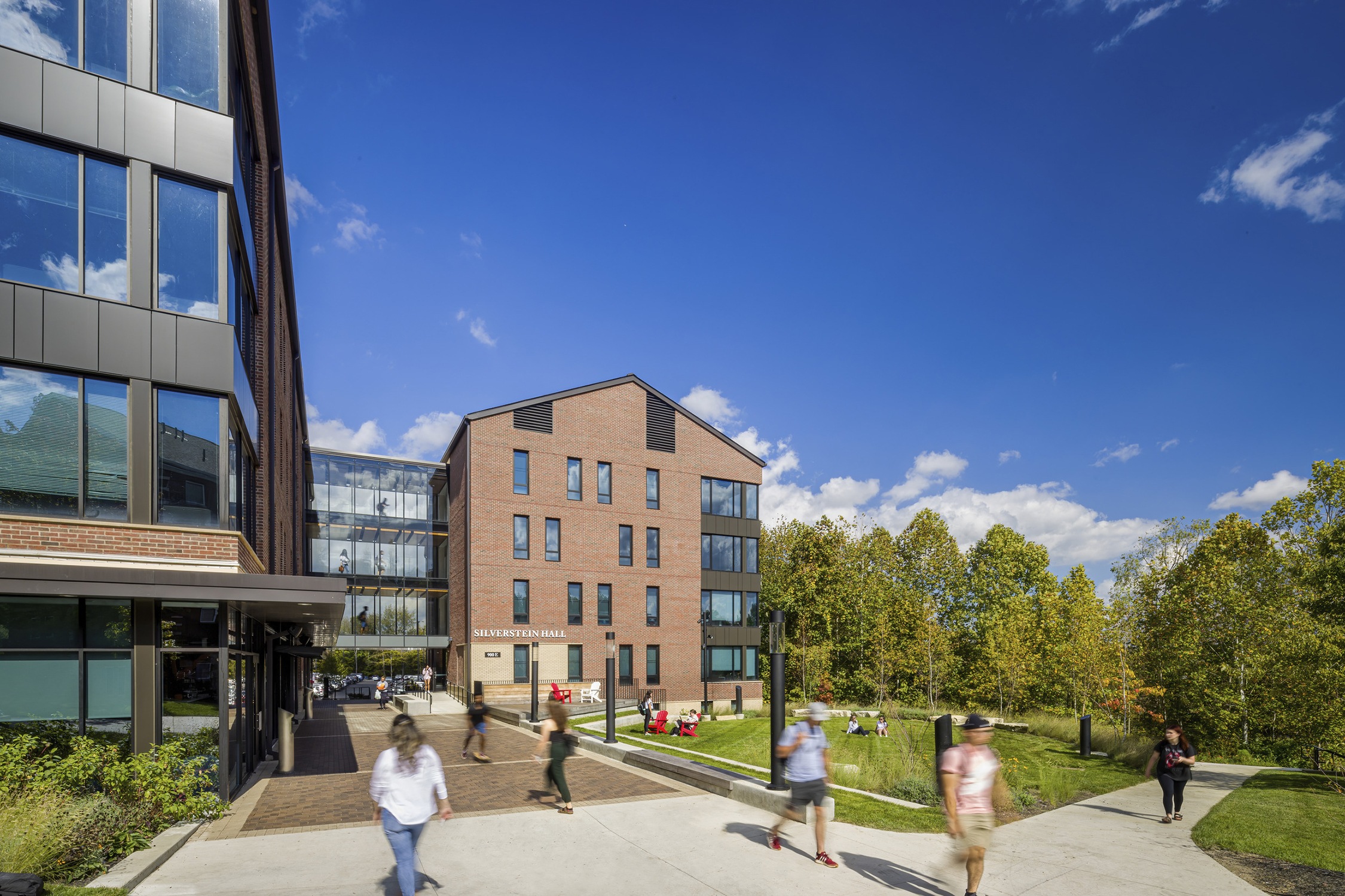 Exterior view of Silverstein Hall at Denison University with landscape in the foreground.