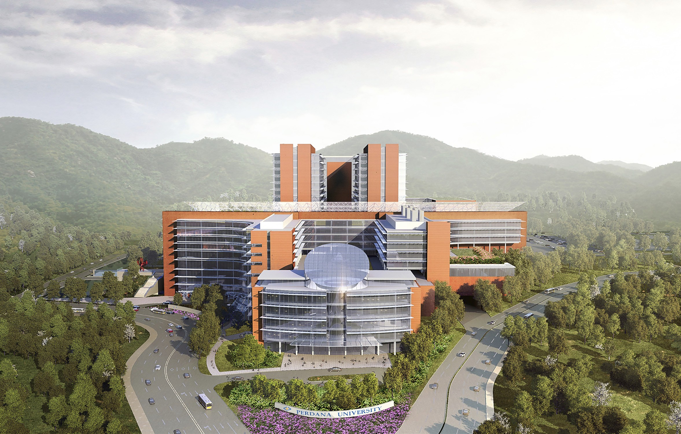 Rendering of the entrance to Perdana University Graduate School of Medicine with mountains in the...