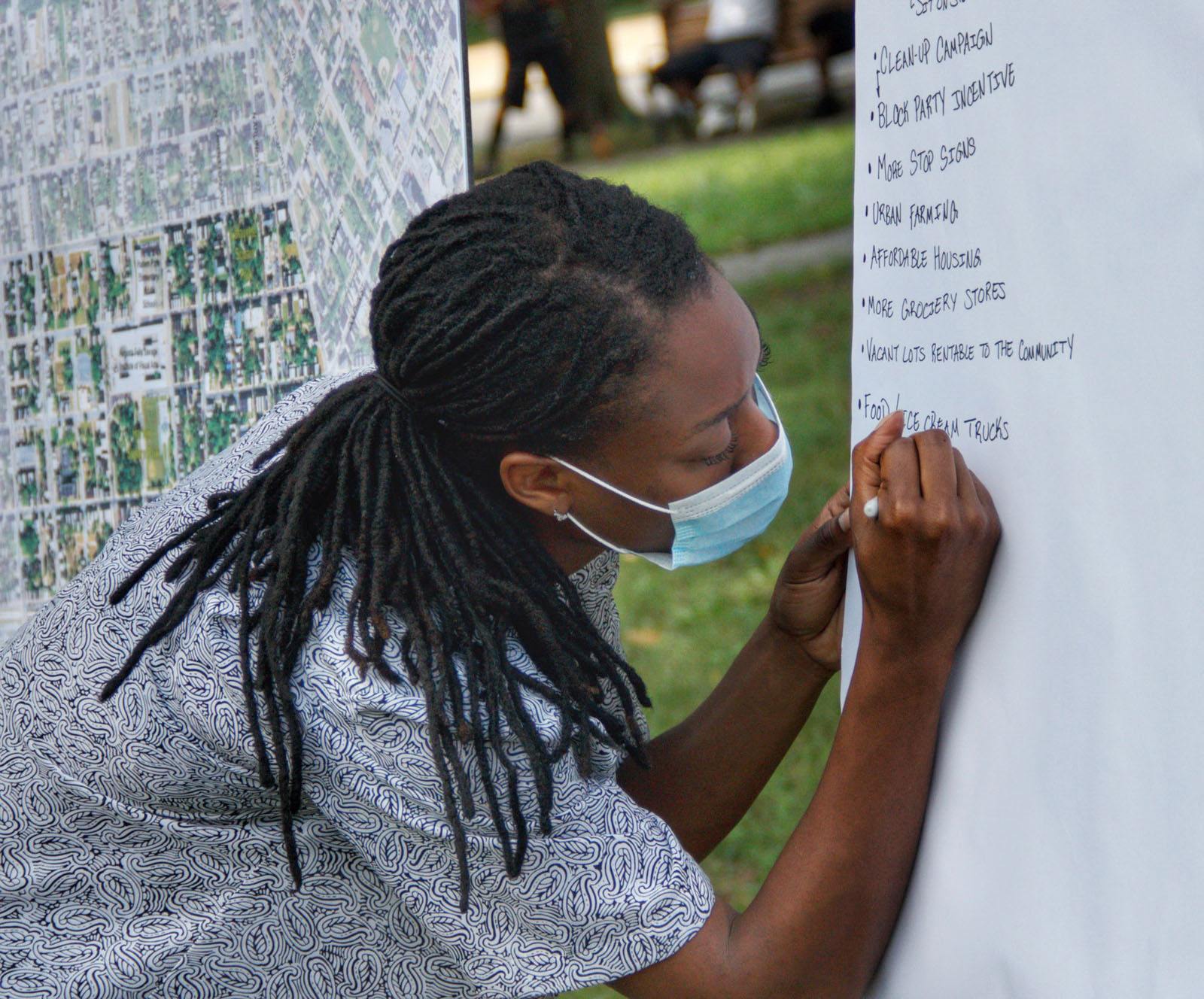 Recording the priorities of the community during a listening session for the Harlem Park Master...