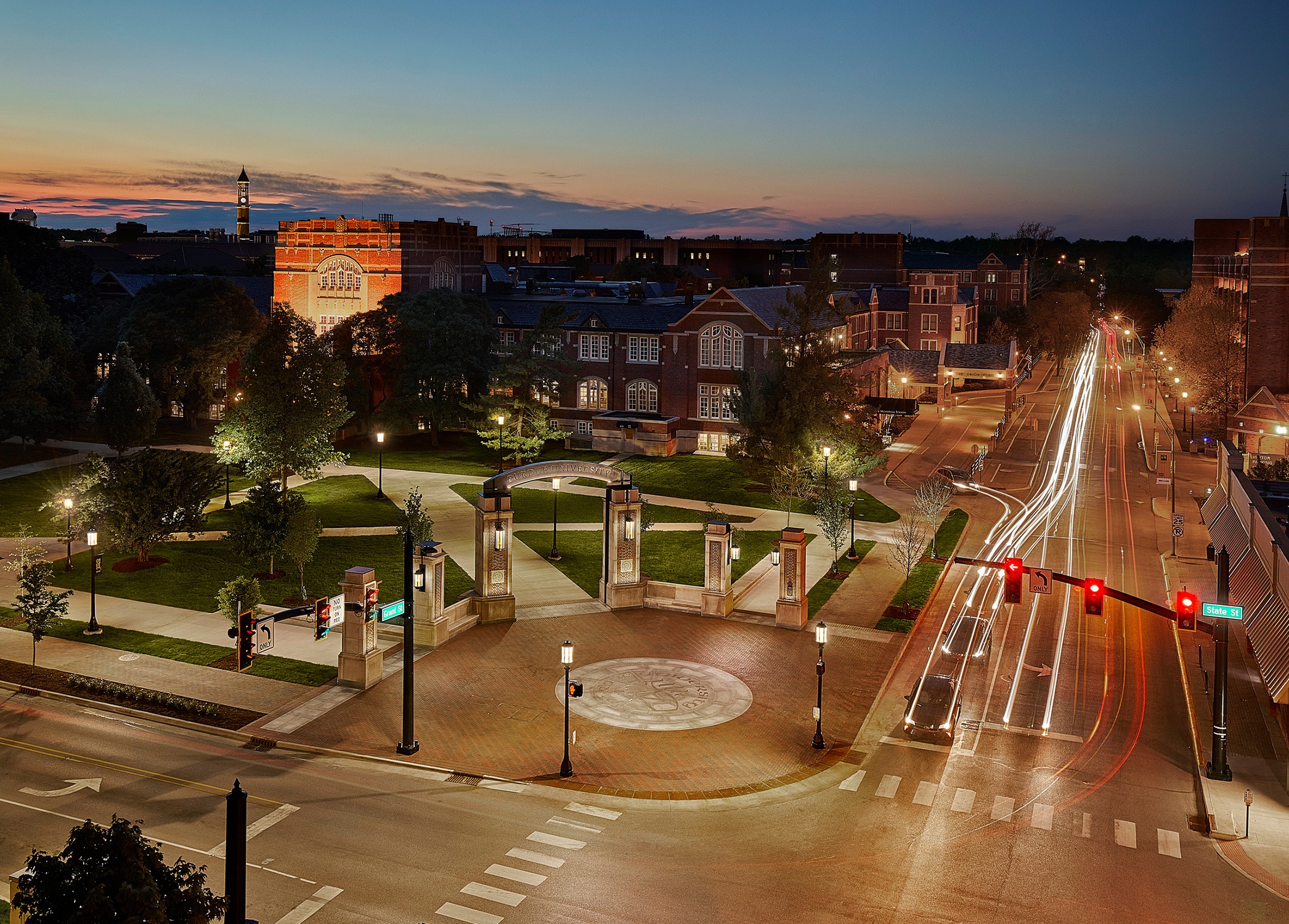 Aerial view of the Purdue University Campus Gateway showing how it defines the intersection