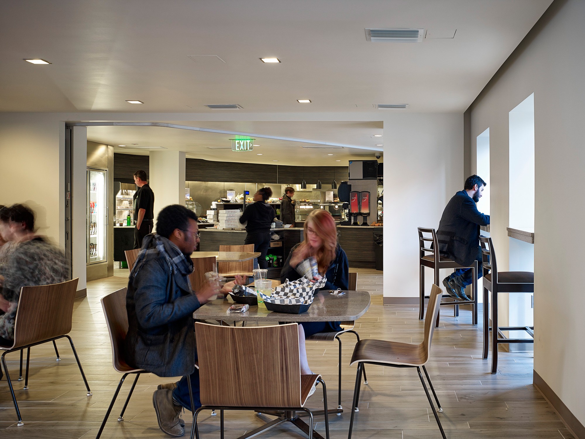 Interior view of café in Founders Green at the Maryland Institute College of Art. Students eat...