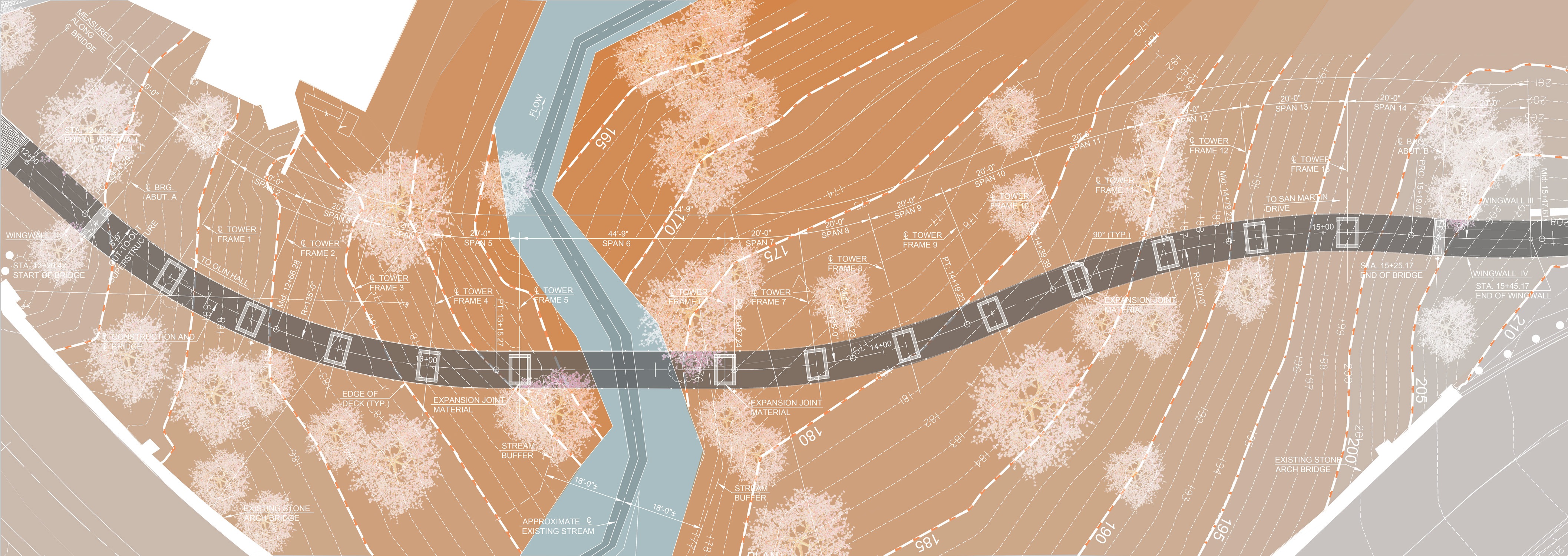 The new bridge alignment through the tree topography.