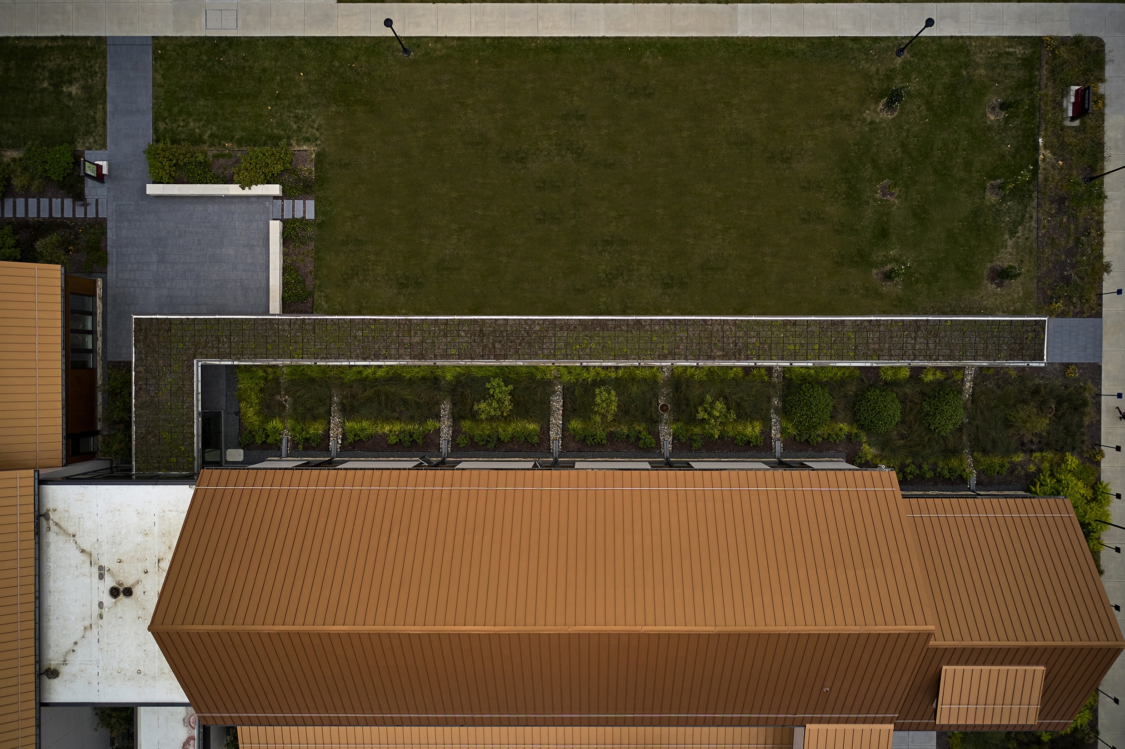 Grinnell College Admissions Building aerial of landscape and green roof