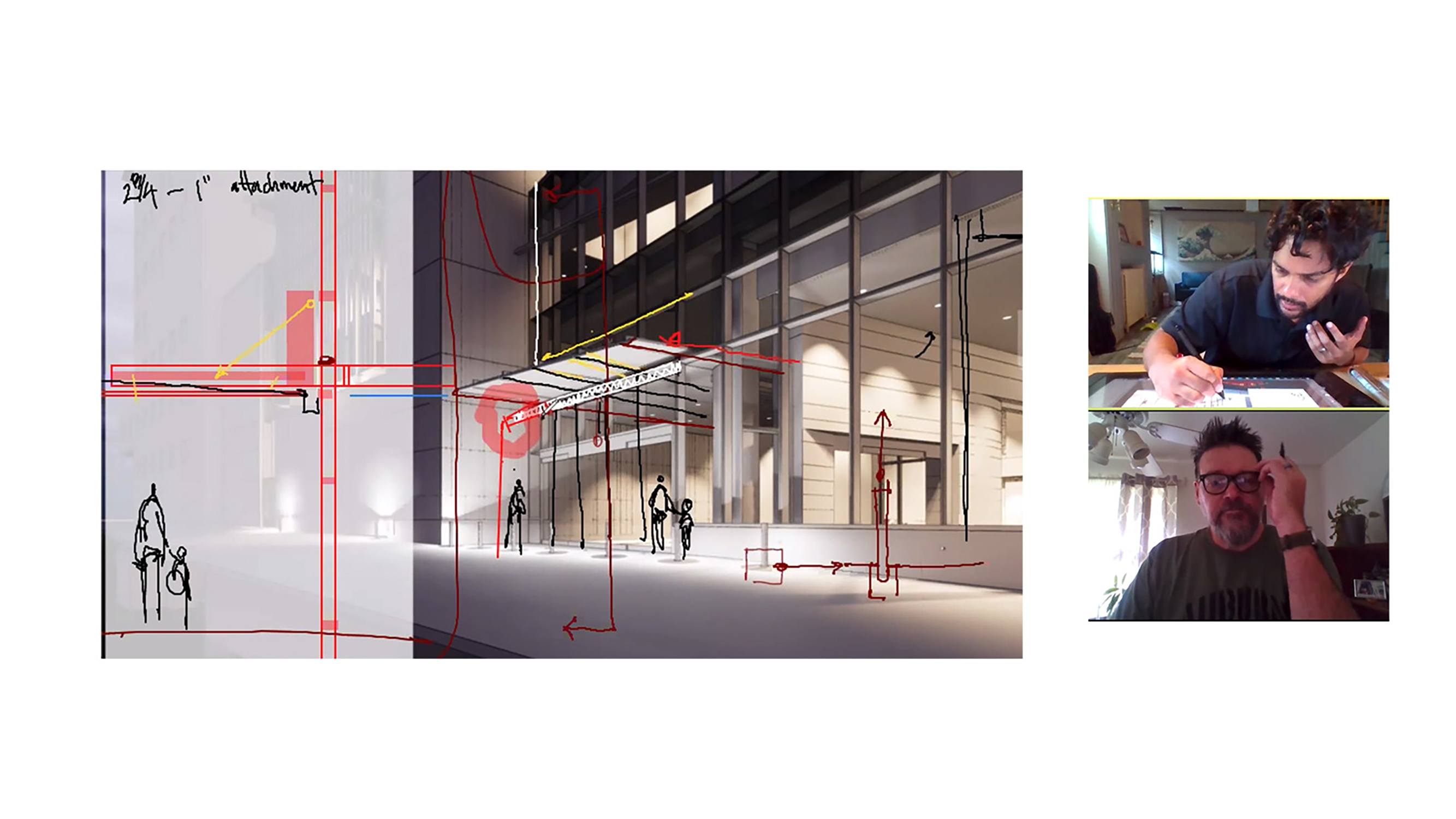 Two people collaborating virtually on an architecture project.