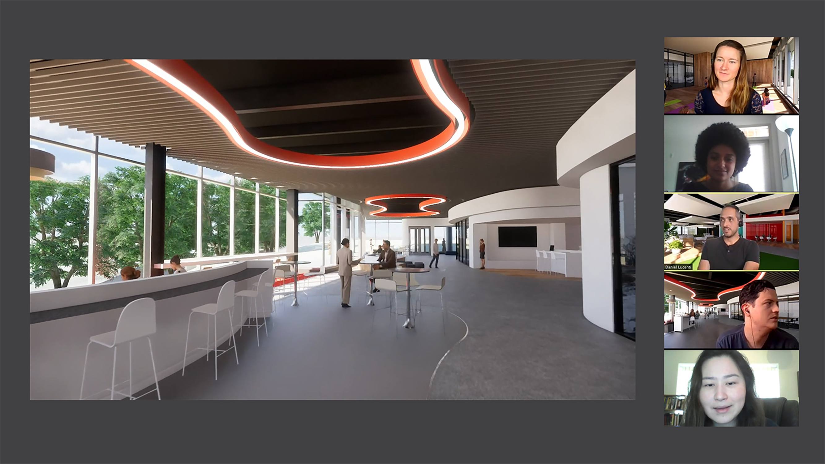 Five people collaborating virtually on an architecture project.