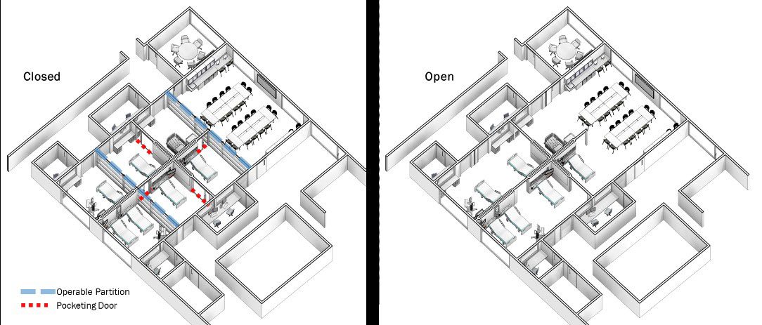 An axonometric diagram showing two views of a skills lab at Frostburg State University Education...