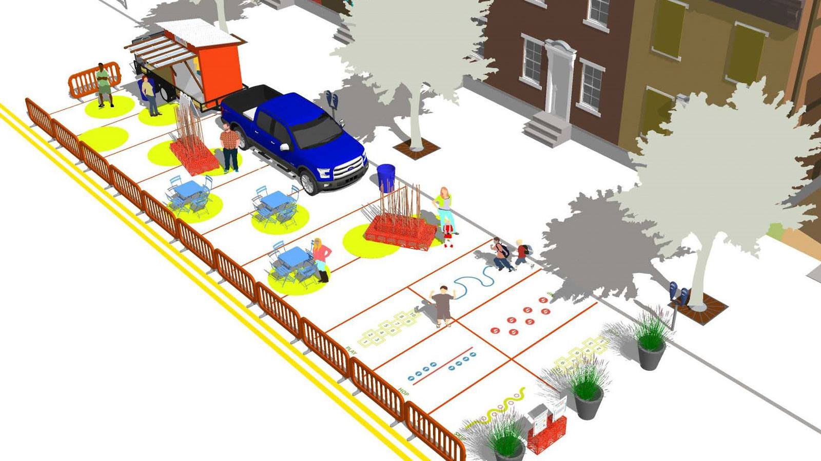 ParKIT rendering showing the operation of the mobile kiosk.