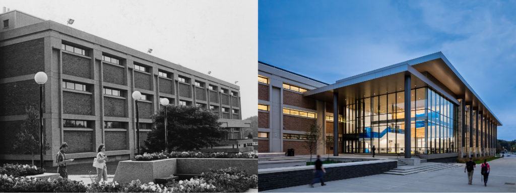 A before and after shot of the Sciences building at Kent State University