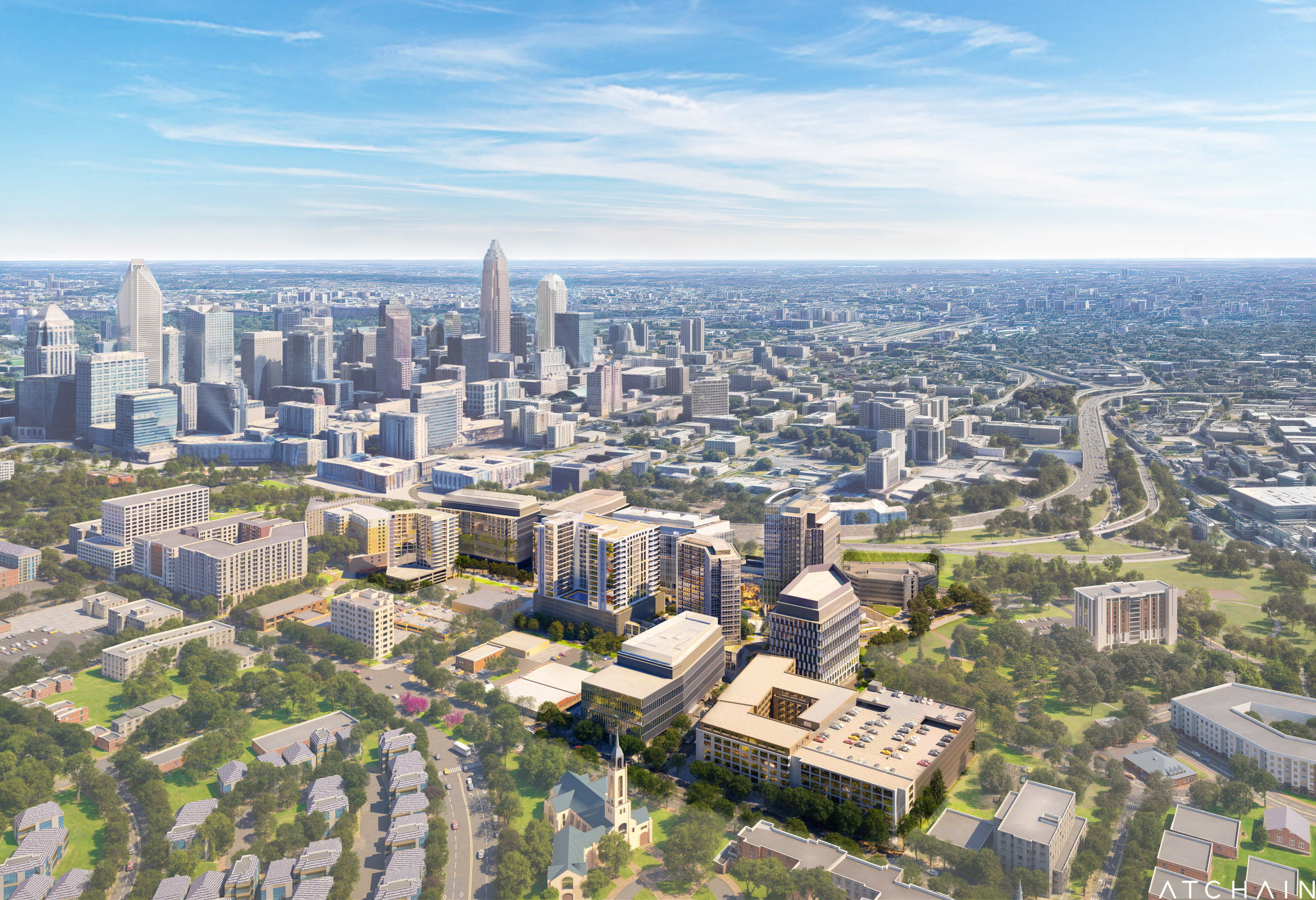 An aerial rendering of The Pearl