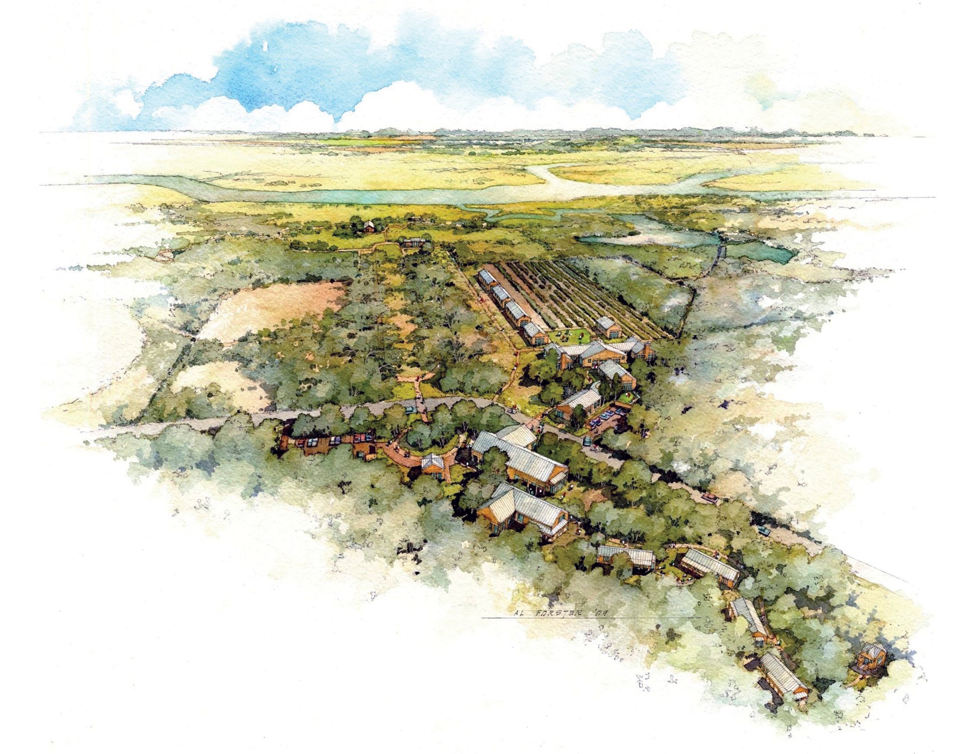 Illustrative drawing of Stono Preserve Master Plan at College of Charleston